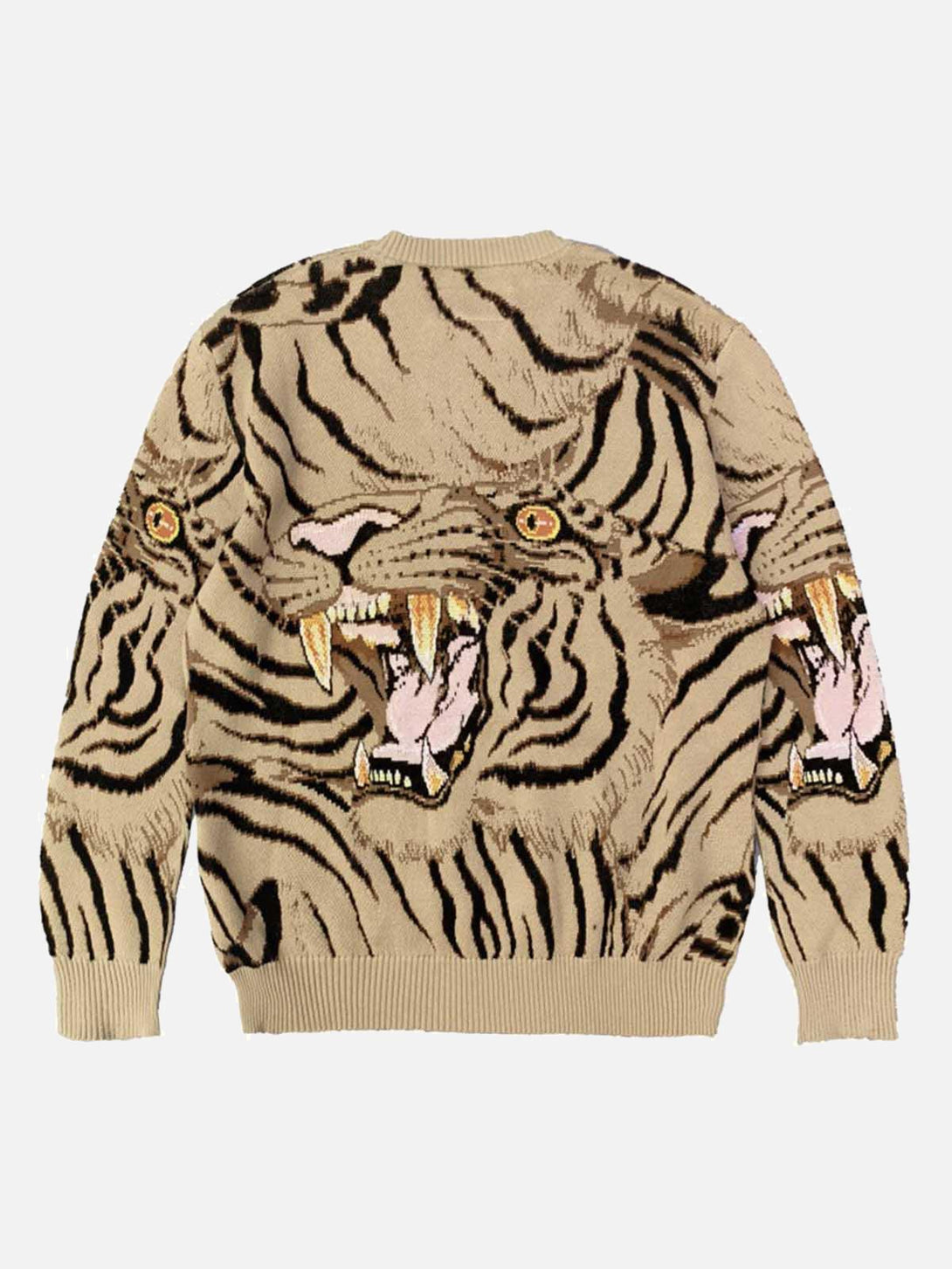 Tiger-patterned sweater with fierce design on back by TALISHKO, perfect for unique style.
