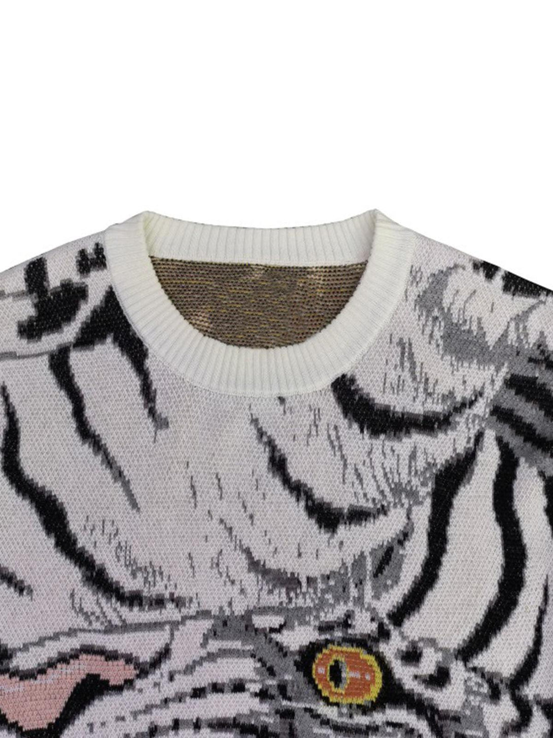 Focusing on the tiger motif, TALISHKO's crew neck sweater highlights intricate knit details.