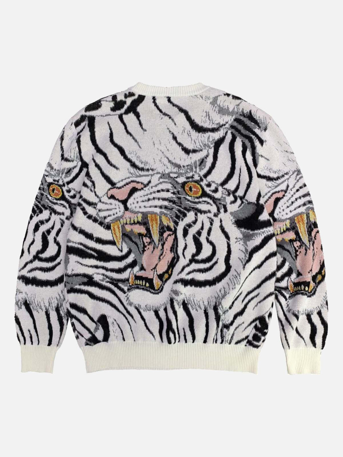 Fierce tiger design on TALISHKO's knitted sweater, showcasing a bold back view.