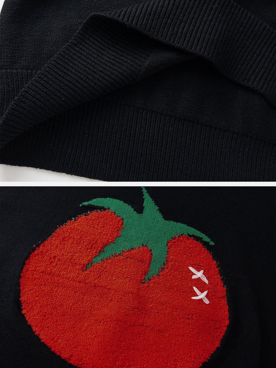 Intricate tomato design and ribbed texture detail on a sweater by TALISHKO, showcasing playful style.
