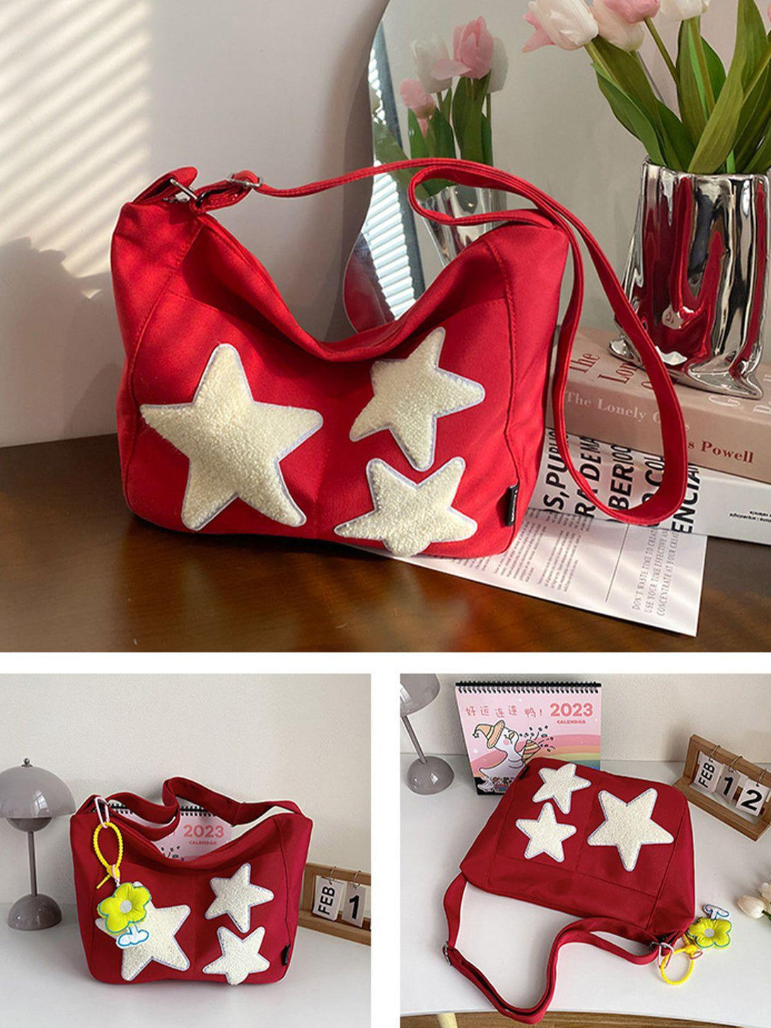 TALISHKO red shoulder bag with embroidered stars and a charming flower detail, ideal for casual style.