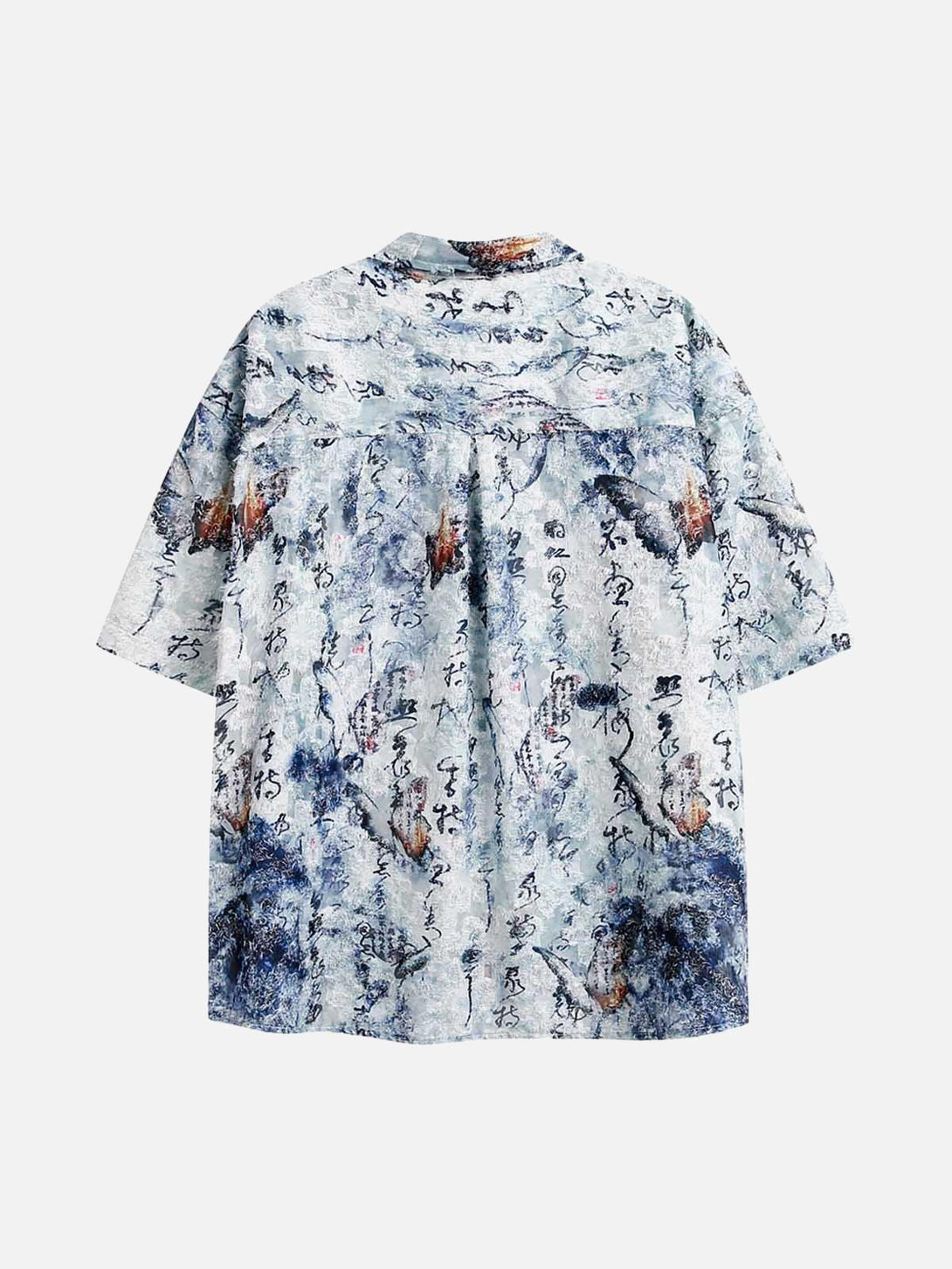 Back view of a short-sleeve shirt with traditional calligraphy print, crafted by TALISHKO.