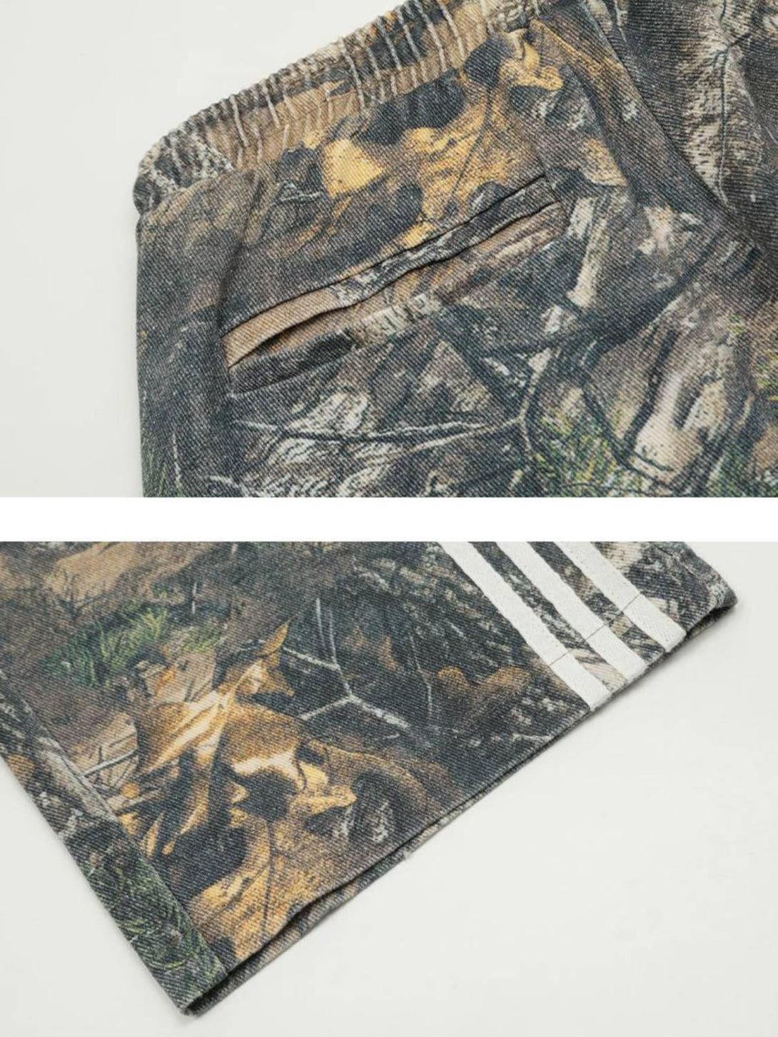 Detailed fabric and stripe accents on TALISHKO's tree branch print drapey pants.