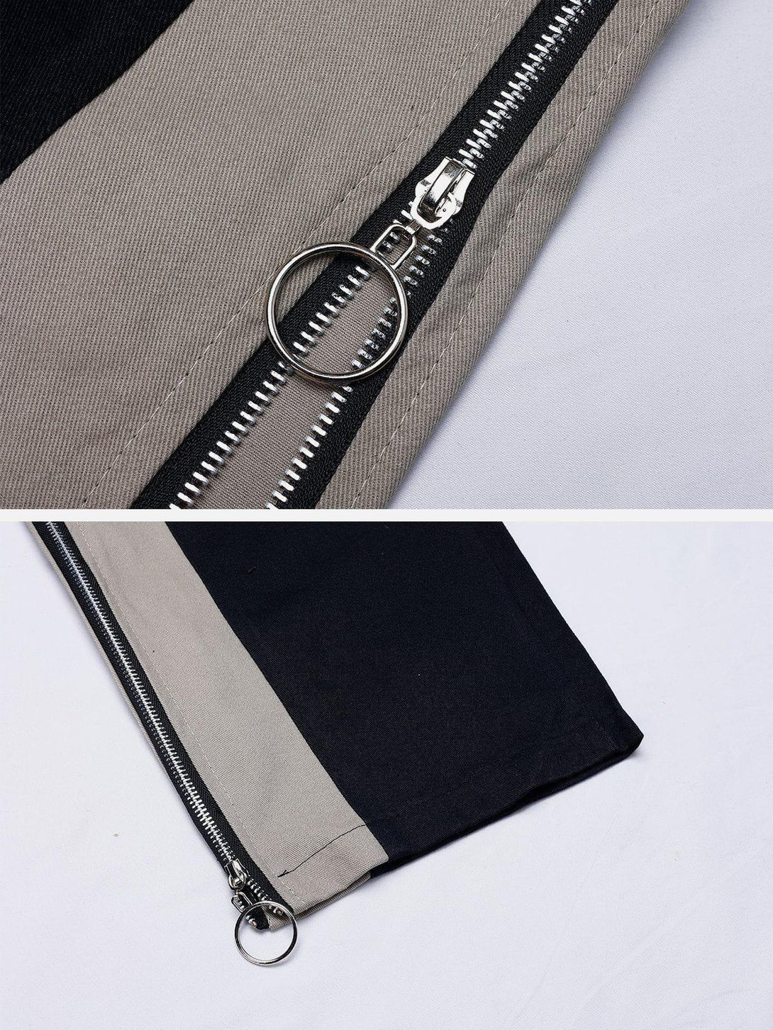 Intricate look at the zipper detail on TALISHKO straight-leg pants, highlighting modern design.