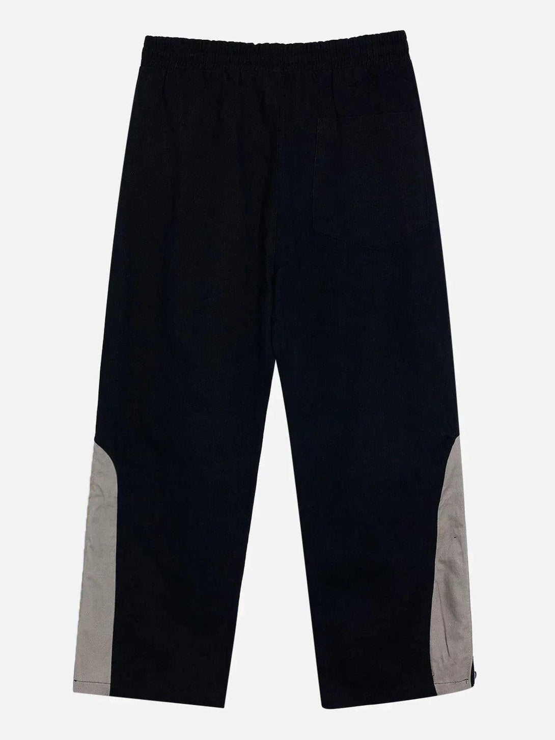 Back view of TALISHKO trendy zipper straight-leg pants, featuring contrasting side panels.