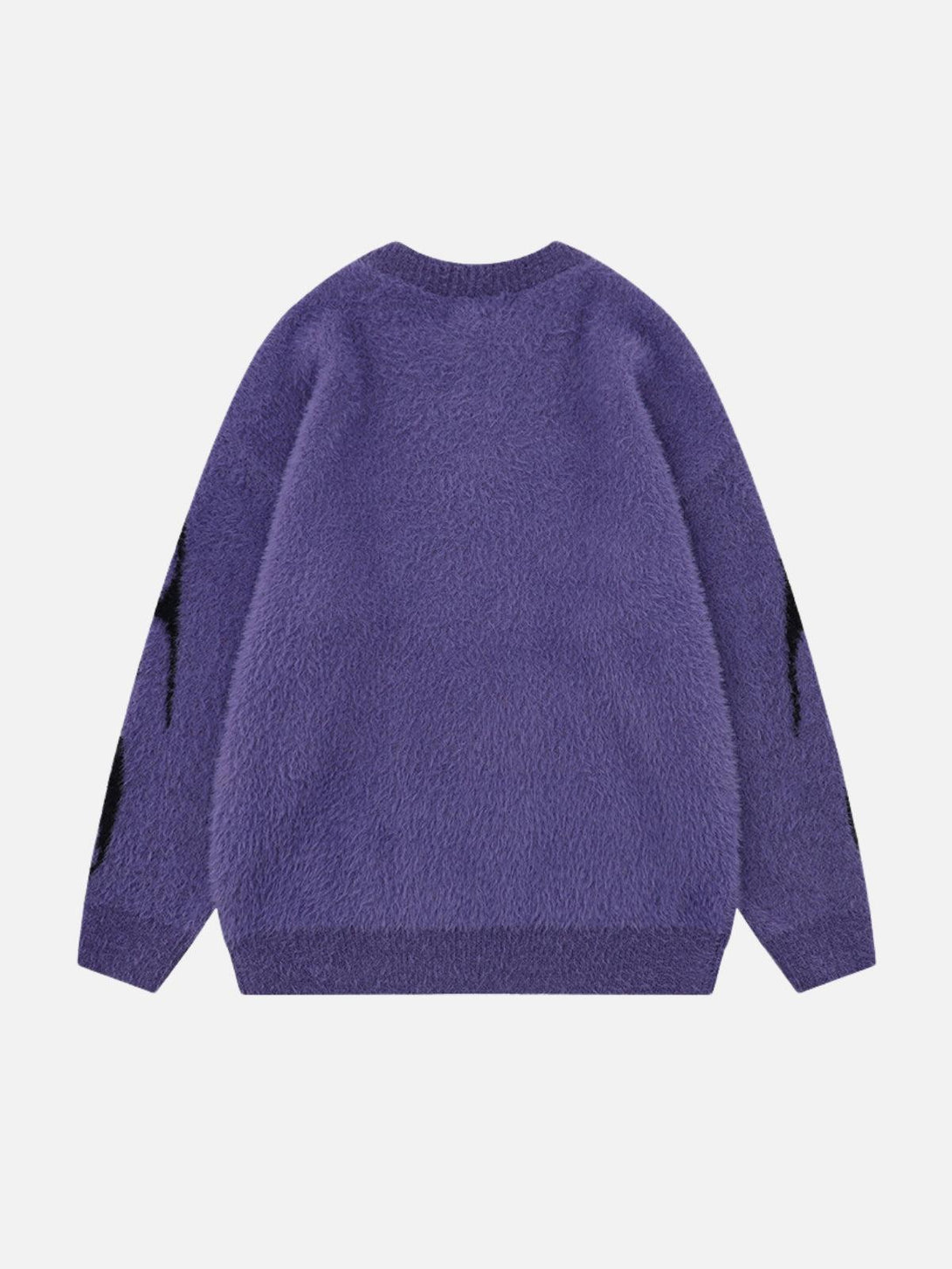 Back view of a purple tribal jacquard knit sweater by TALISHKO, showcasing its soft, plush texture.