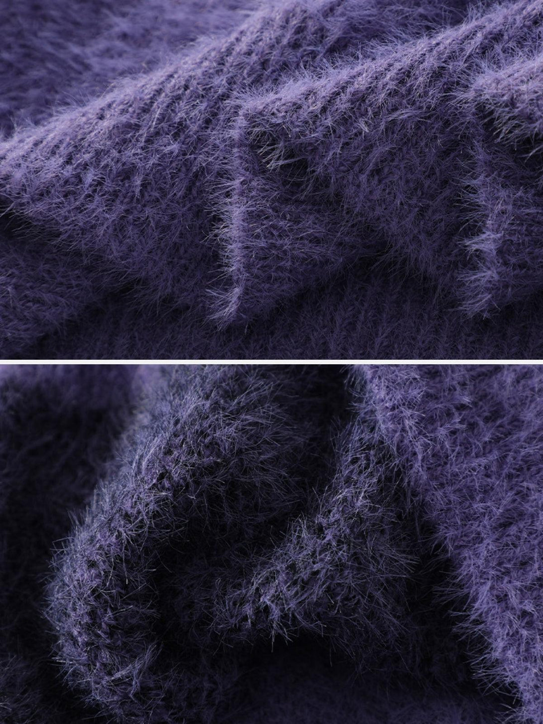 A detailed view of the deep purple knit texture by TALISHKO, highlighting its soft fibers.