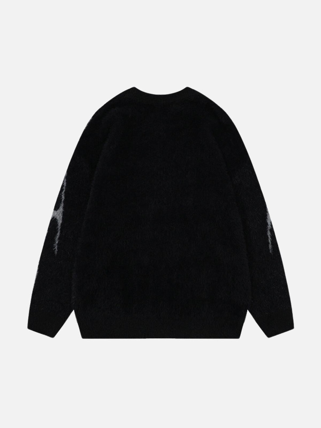 Back view of a black tribal jacquard knit sweater by TALISHKO, showcasing its cozy texture.