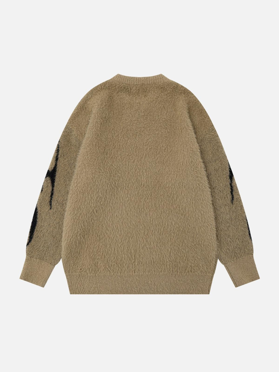 Back view of a khaki tribal jacquard knit sweater by TALISHKO, highlighting its plush texture.