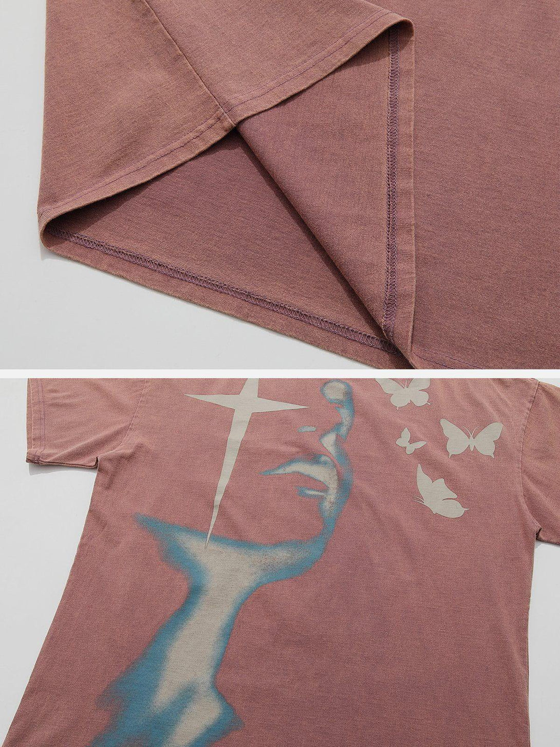 Detailed fabric and sleeve stitching of a TALISHKO tee with abstract design and butterflies.