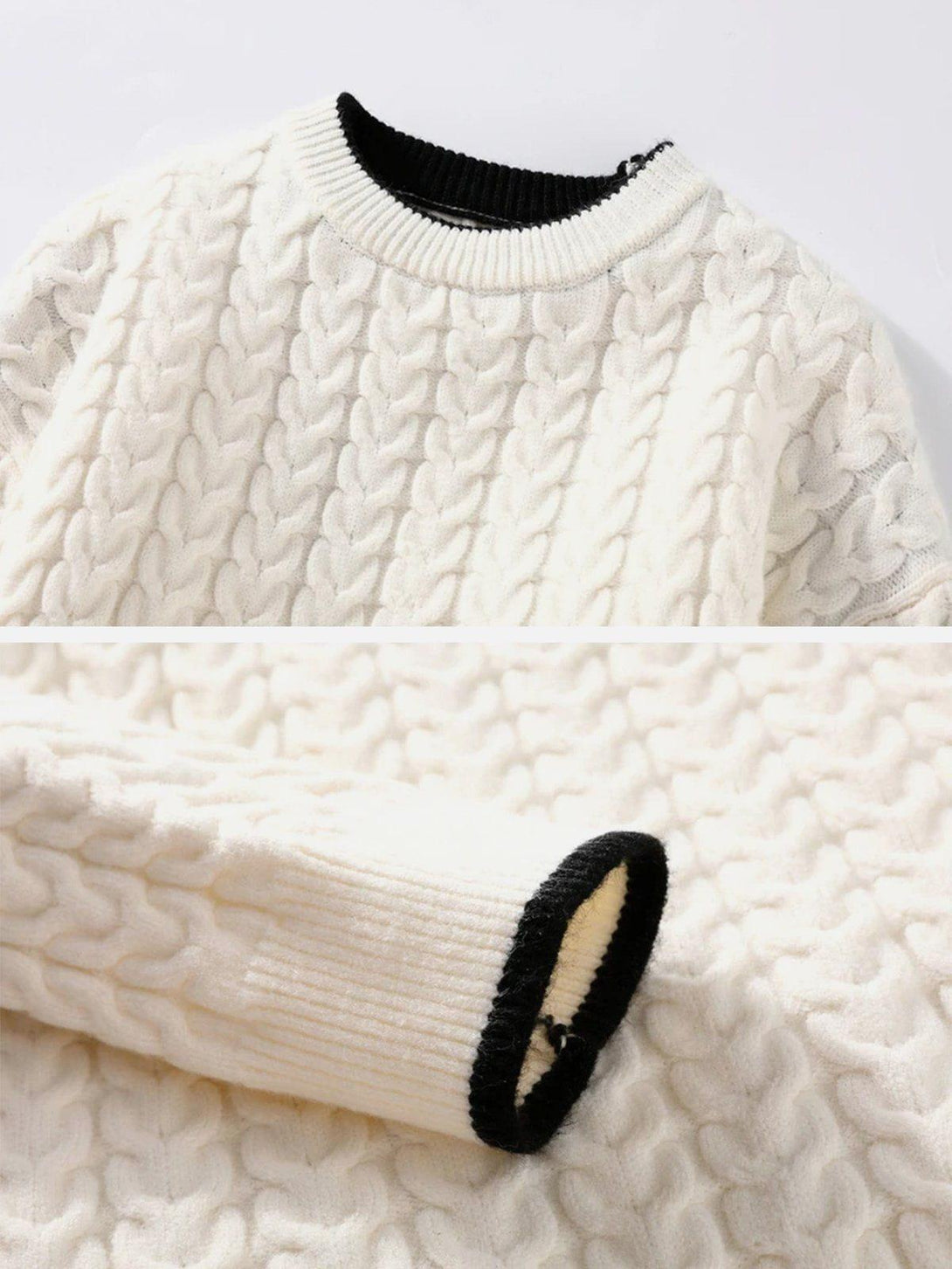 A detailed view of the TALISHKO twist patchwork knit sweater, highlighting its cozy cable texture.