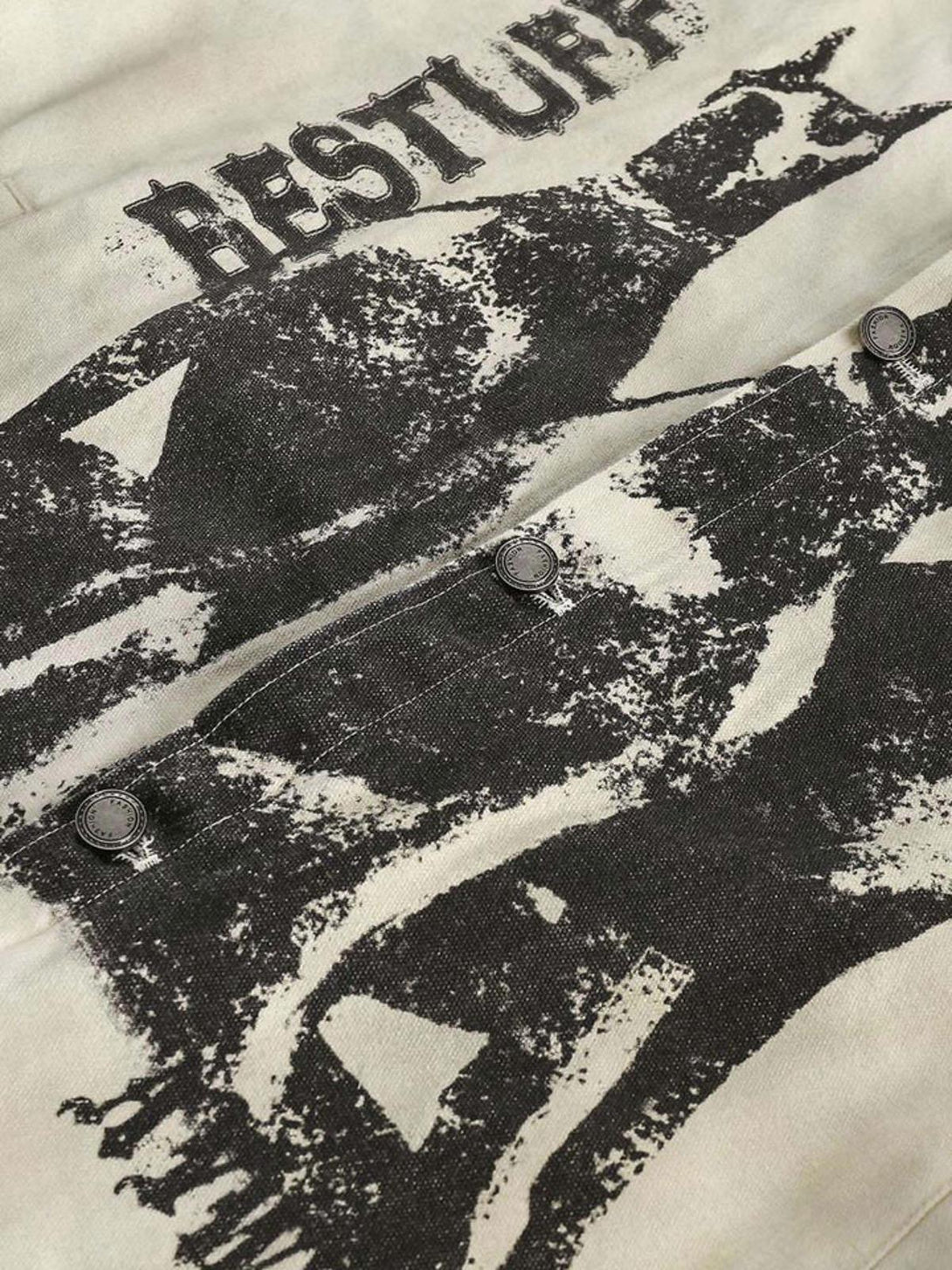 Intricate look at TALISHKO's Urban Doberman print and button details on wide-leg pants.