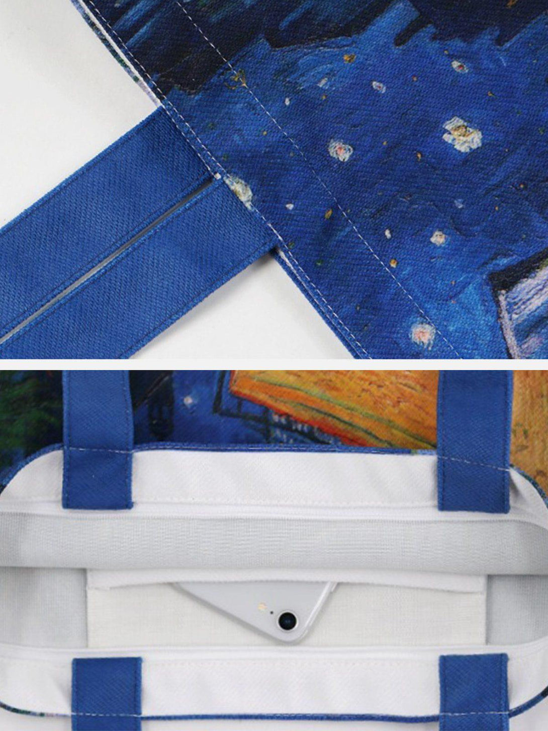 Intricate look at TALISHKO tote bag's blue stitching and Van Gogh-inspired design details.
