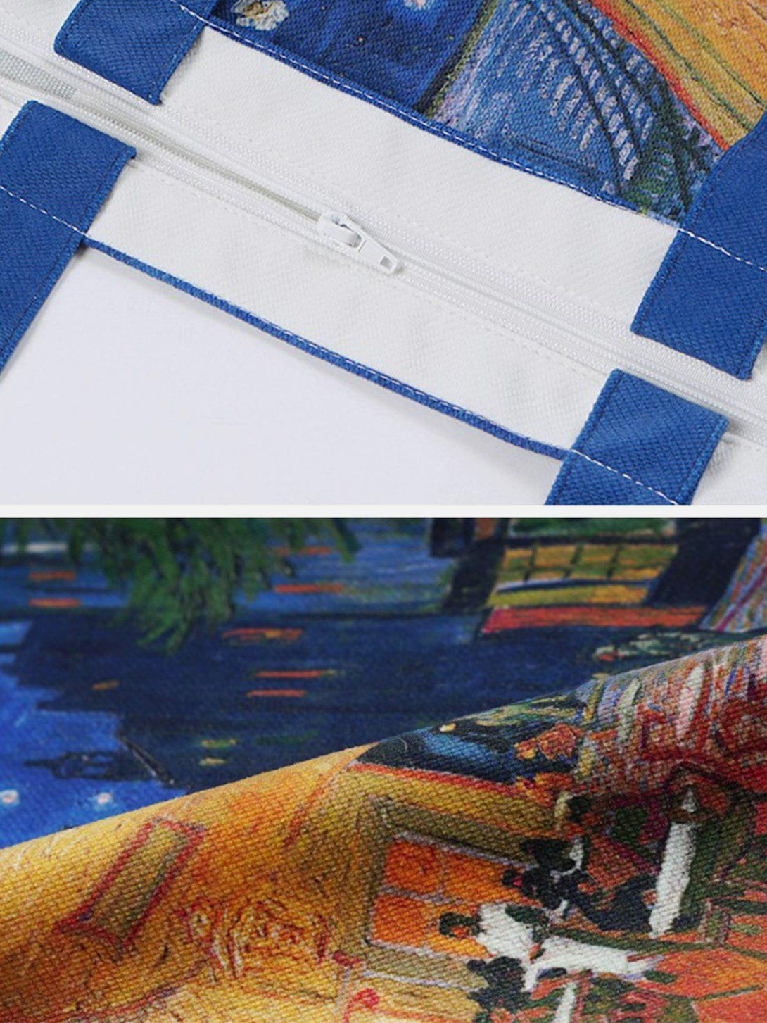 Intricate view of a TALISHKO canvas bag's zipper and Van Gogh-inspired vibrant artwork.