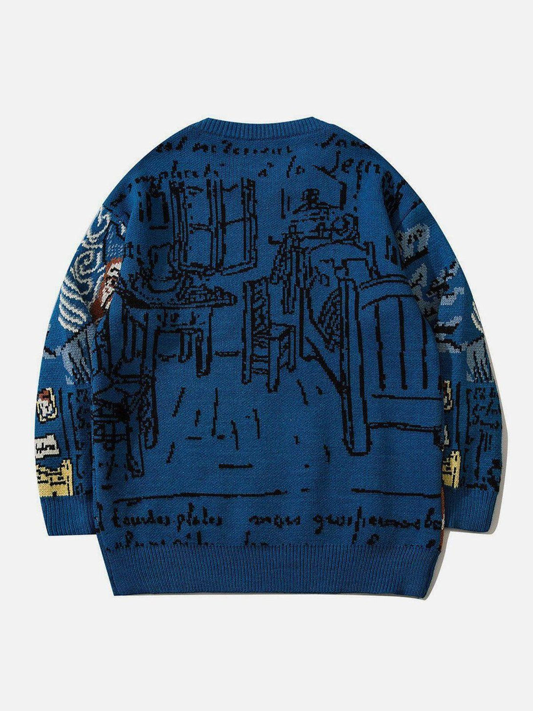 Back view of Van Gogh-inspired knit sweater by TALISHKO, showcasing artistic detailing.