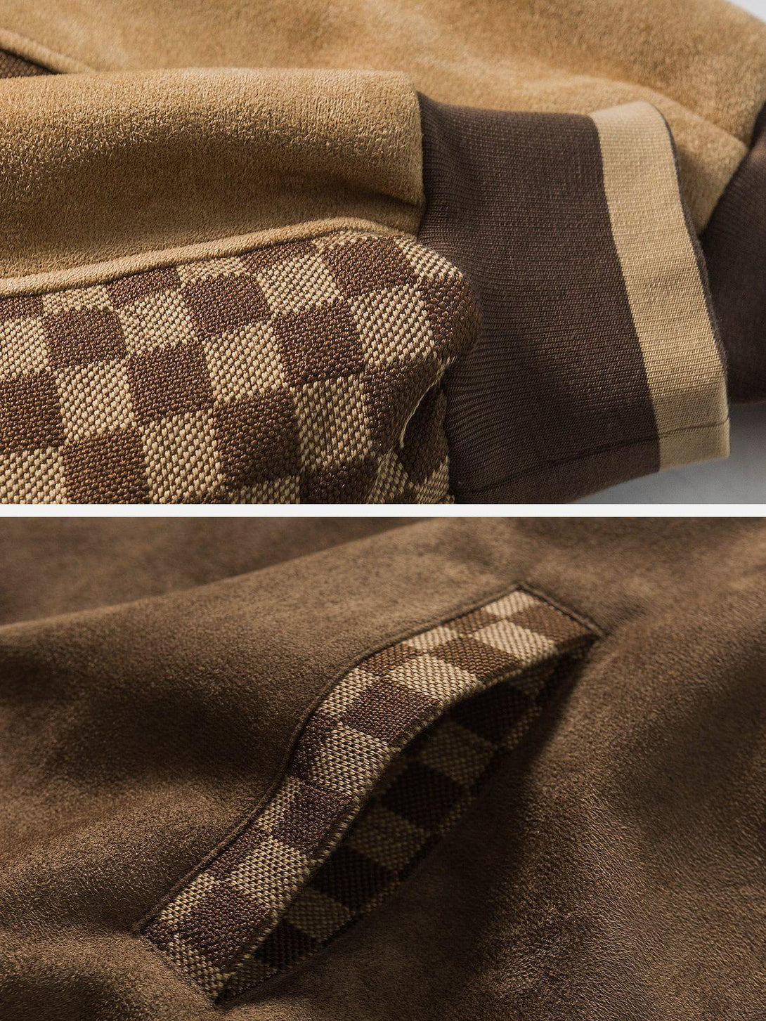 Intricate look at TALISHKO's velvet racing jacket, highlighting checkerboard patchwork details.