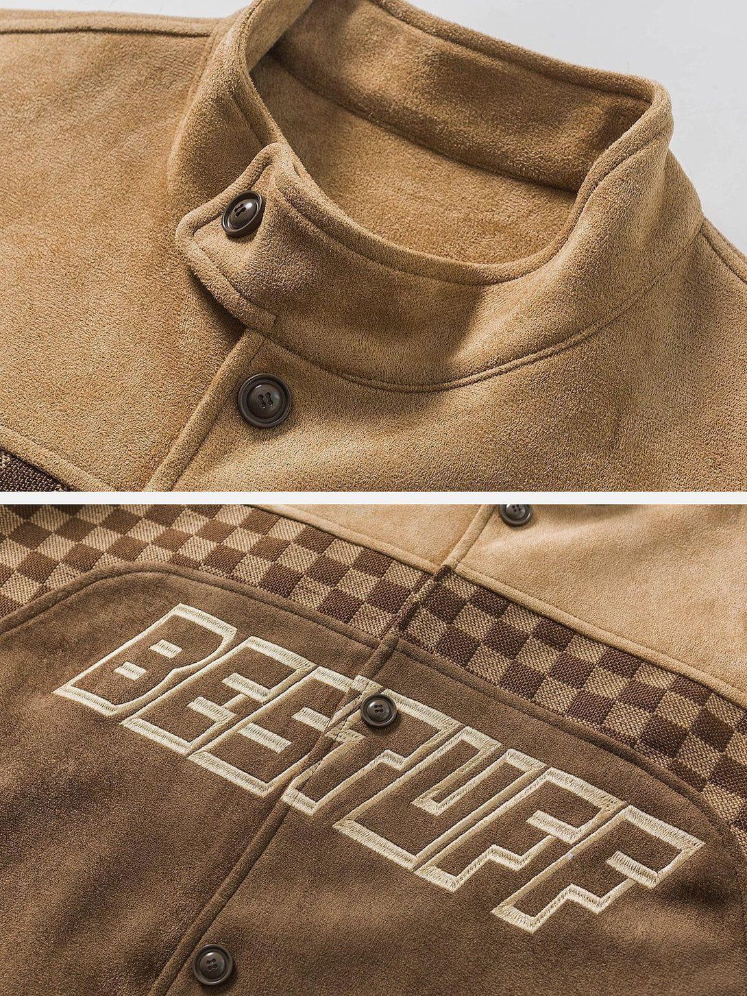 A close-up of TALISHKO's velvet racing jacket, featuring checkerboard patchwork and detailed embroidery.