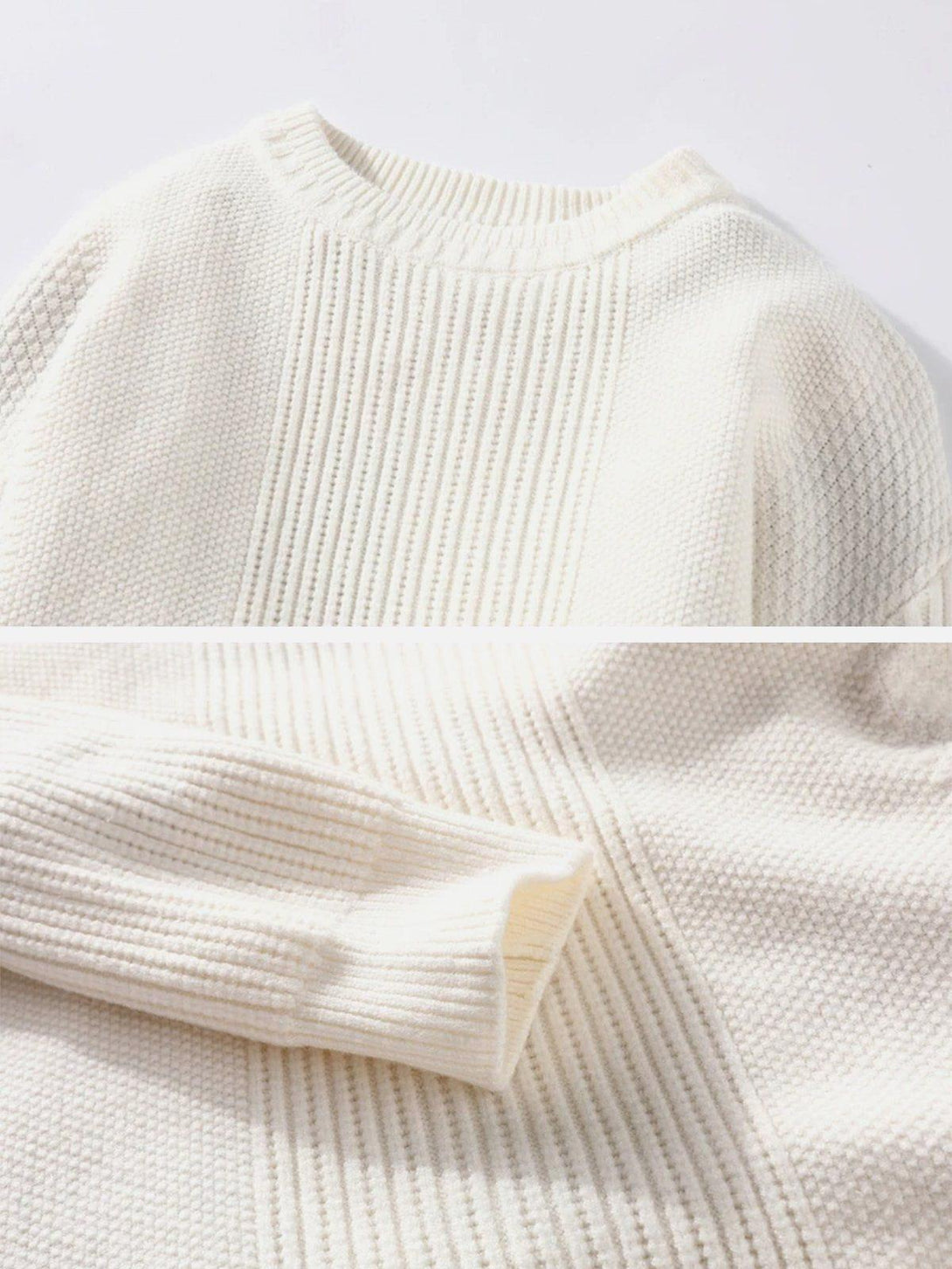 Intricate look at TALISHKO's knit sweater texture, showcasing vertical stripes and cozy design.