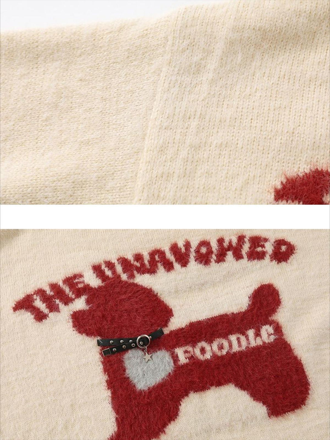 A detailed view of TALISHKO's sweater, featuring a textured cartoon dog design with playful charm.