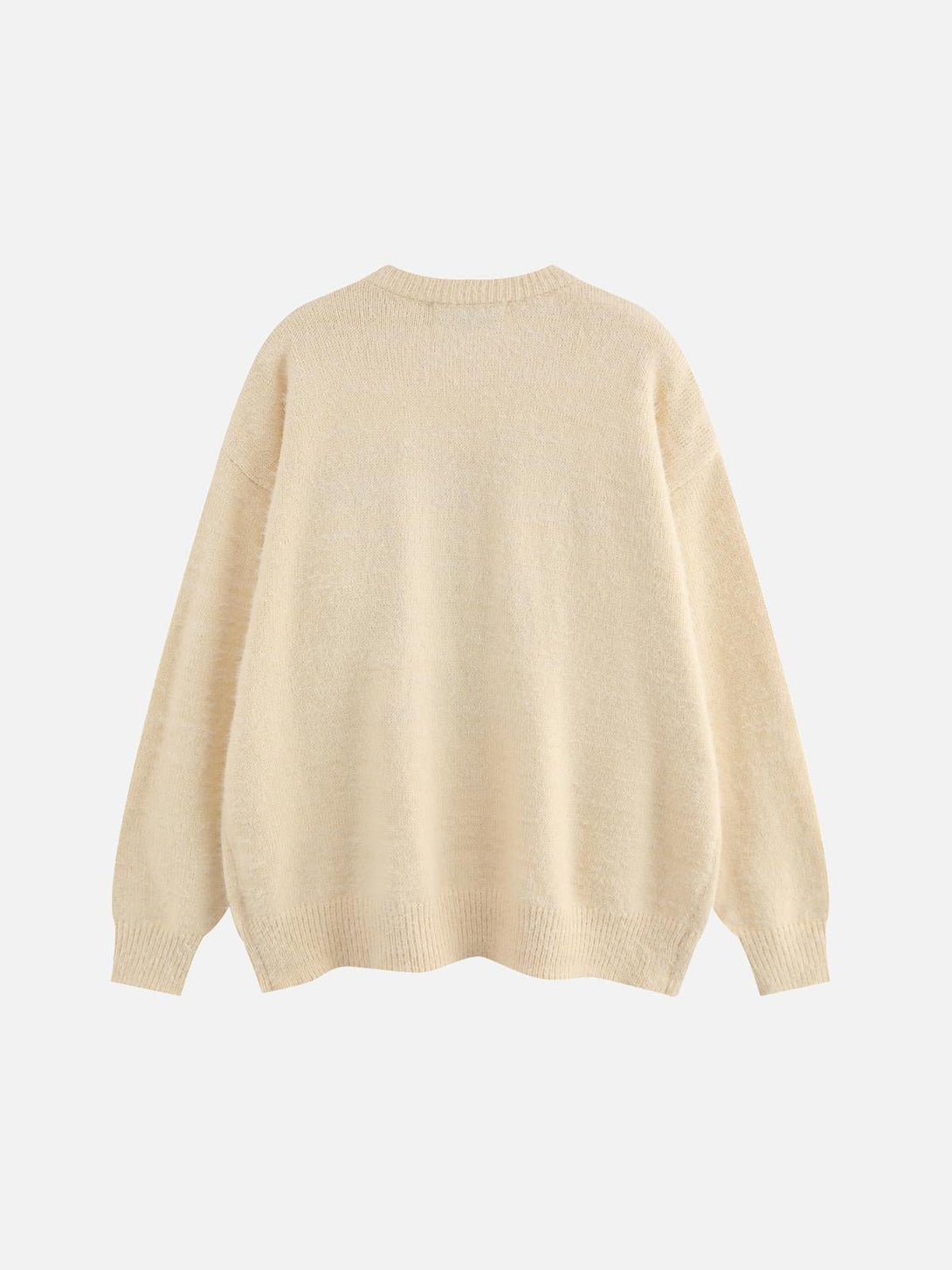 Back view of a cozy sweater by TALISHKO, showcasing a soft, neutral knit texture.