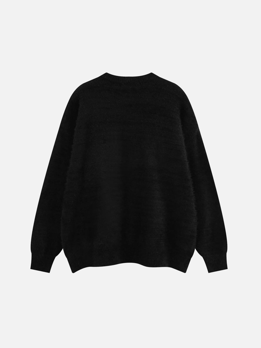 Back view of a black sweater by TALISHKO, highlighting its simple, relaxed silhouette.