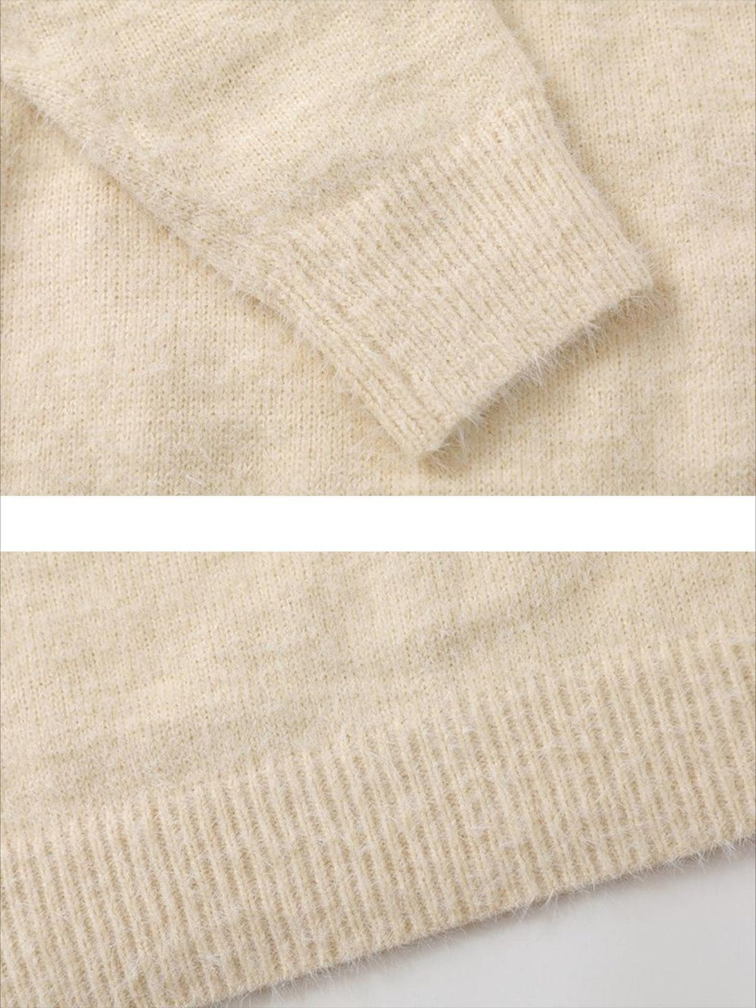 Focusing on the soft knit texture of TALISHKO's sweater, showcasing intricate ribbed details.