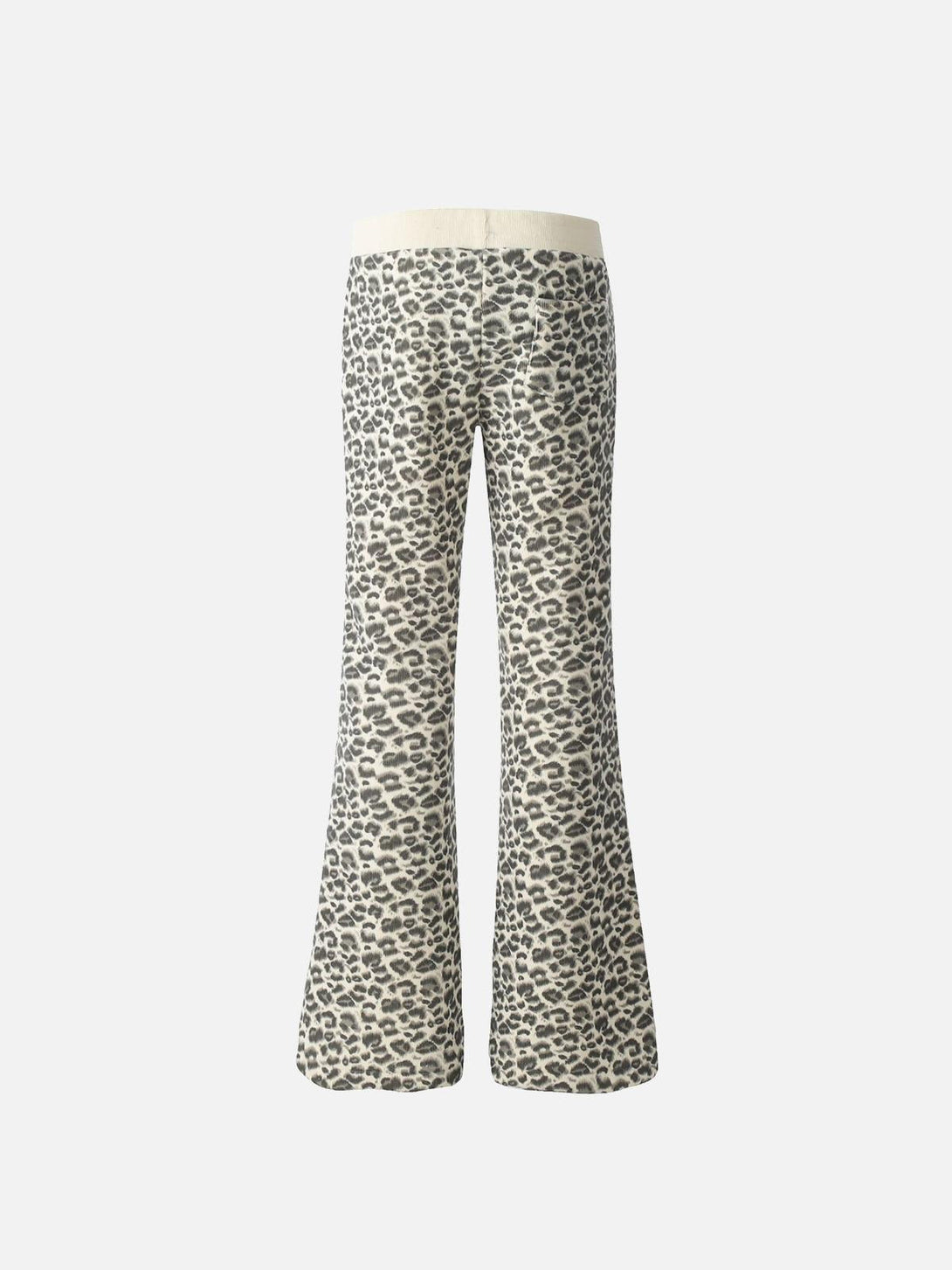Back view of TALISHKO vintage leopard horn fleece pants, highlighting retro flair and cozy texture.