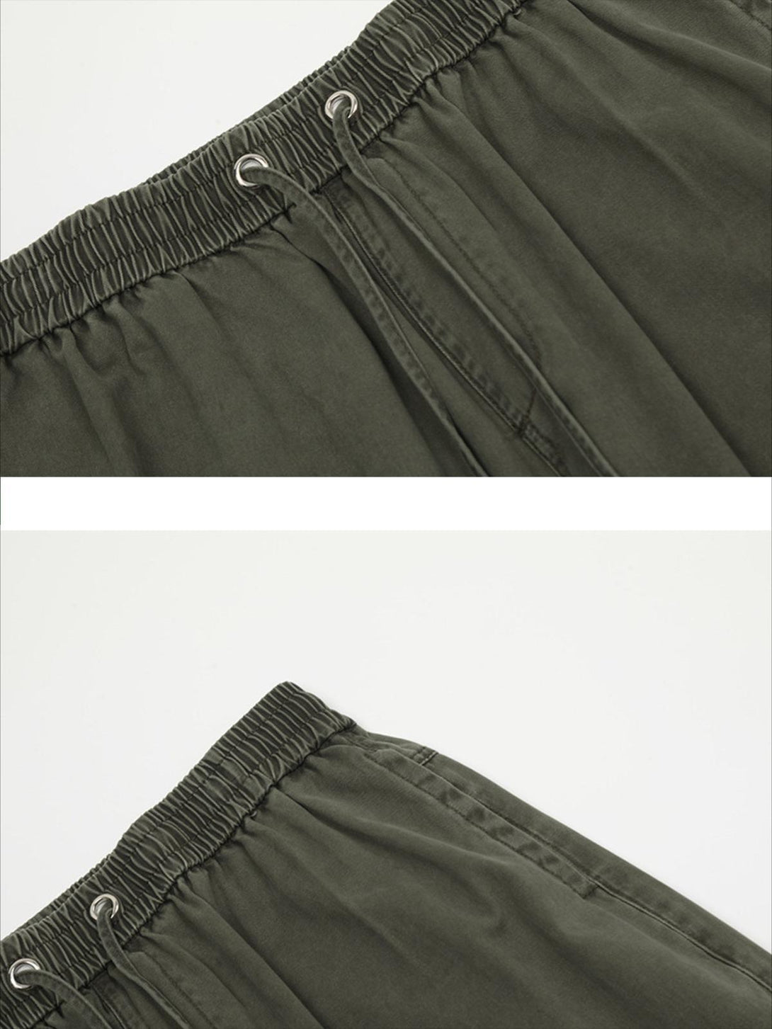 Elastic waistband detail of vintage washed cargo pants by TALISHKO, highlighting drawstring design.