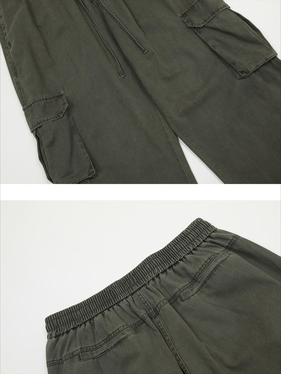 A detailed look at TALISHKO's vintage washed cargo pants, focusing on pocket and waistband design.