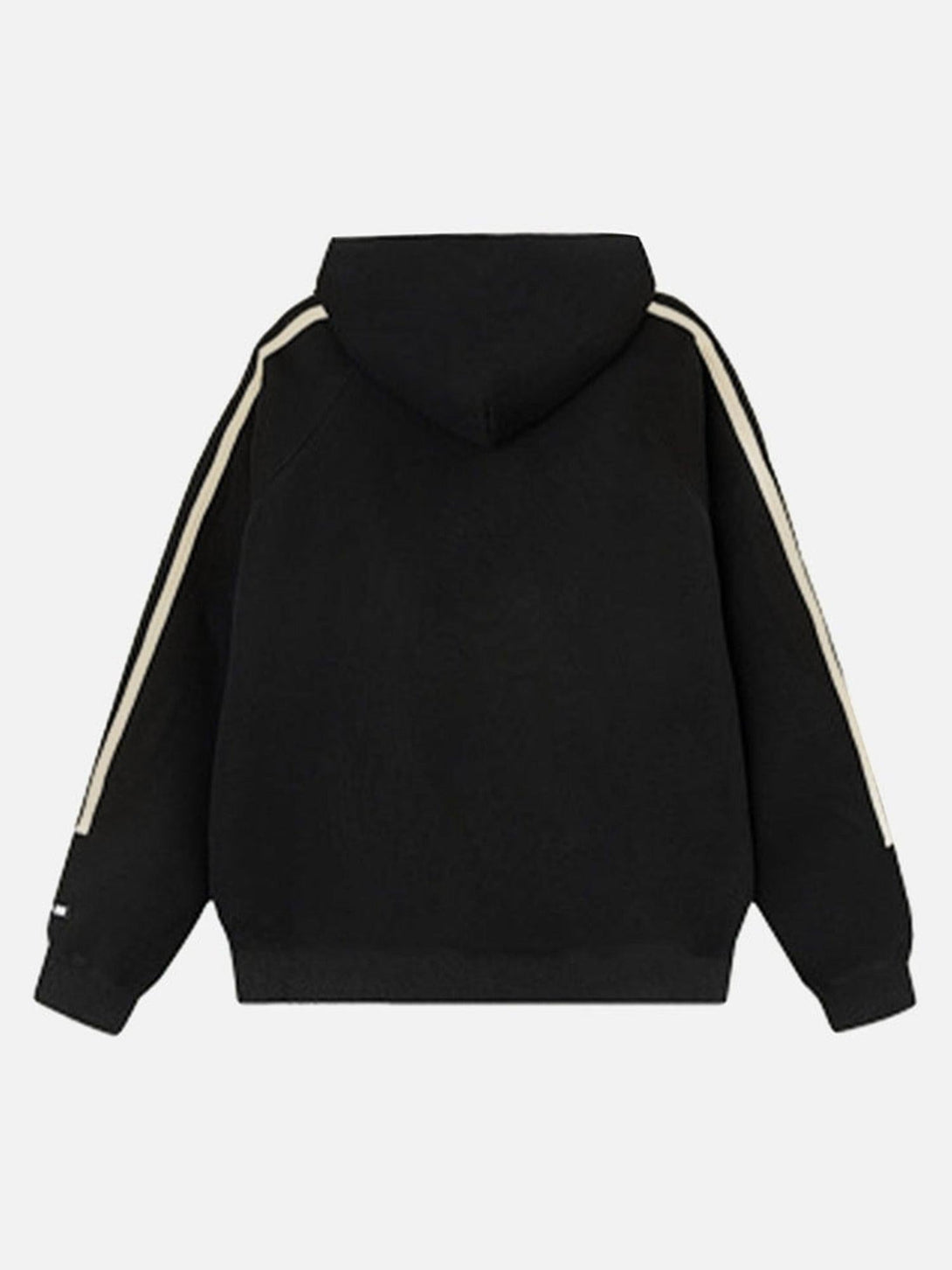 Back view of a vintage all-in-one hoodie by TALISHKO, featuring sporty striped sleeves.