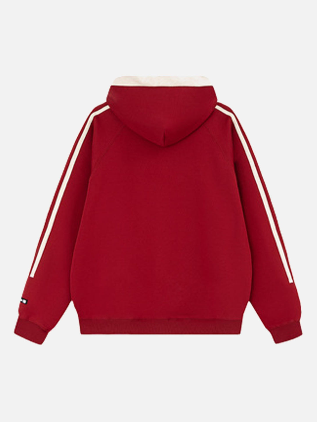 Back view of a red vintage all-in-one hoodie by TALISHKO with striped sleeves.