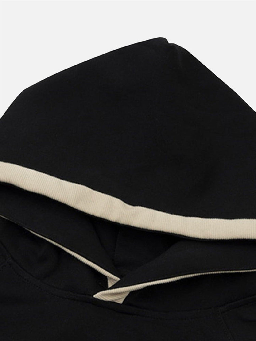 Close-up of TALISHKO vintage hoodie hood in black, showcasing the inner lining detail.
