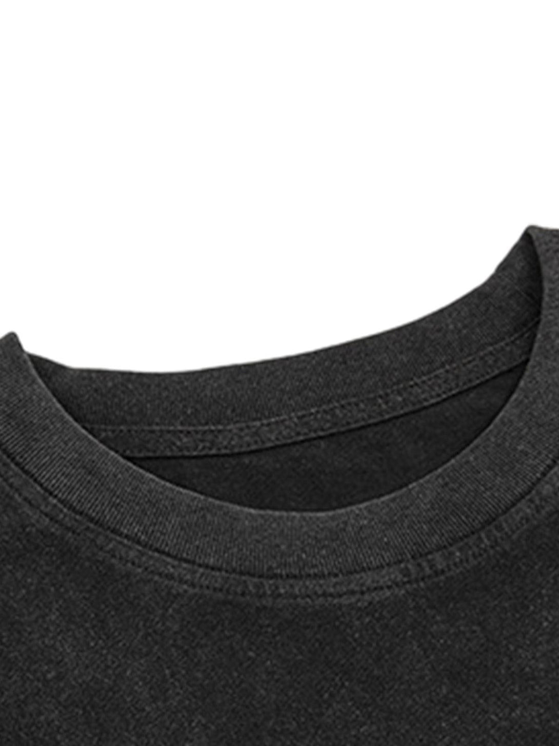 A close-up of TALISHKO's vintage graphic T-shirt neckline, showcasing its textured fabric.