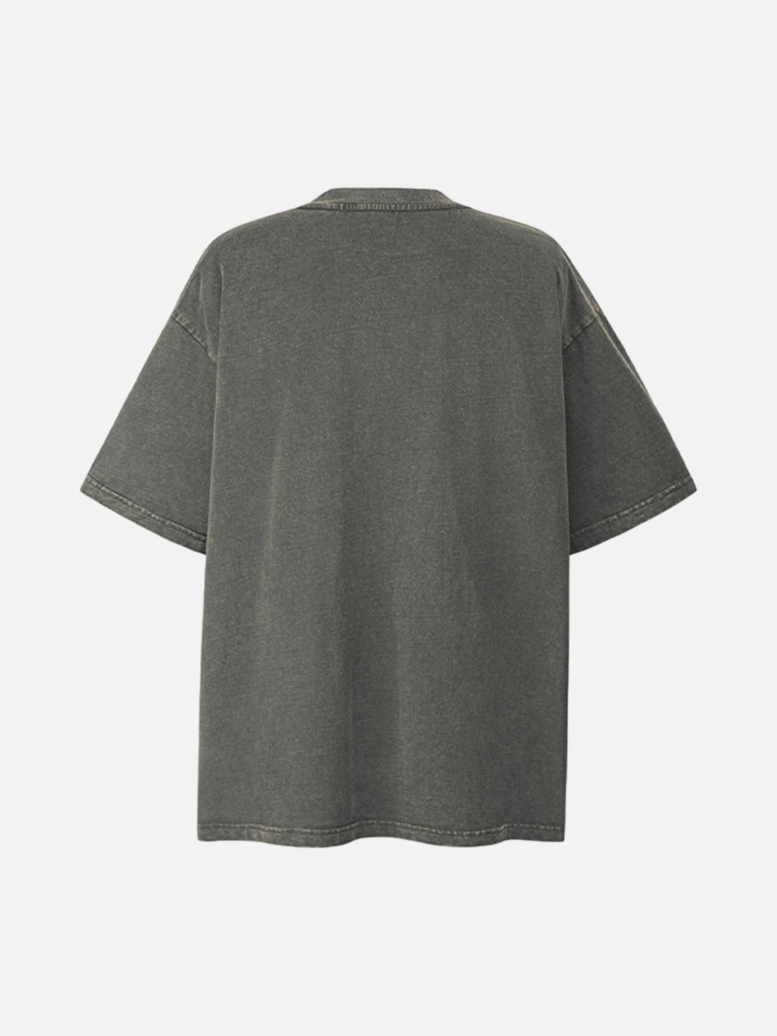 Back view of gray vintage graphic T-shirt by TALISHKO, highlighting its relaxed fit.