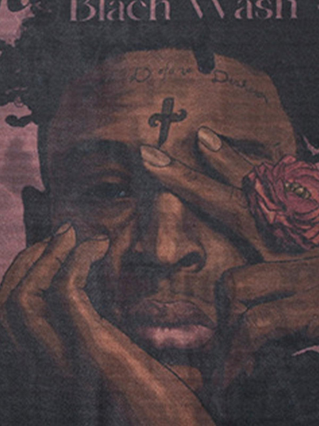 A detailed view of TALISHKO's vintage graphic T-shirt, highlighting its artistic design.