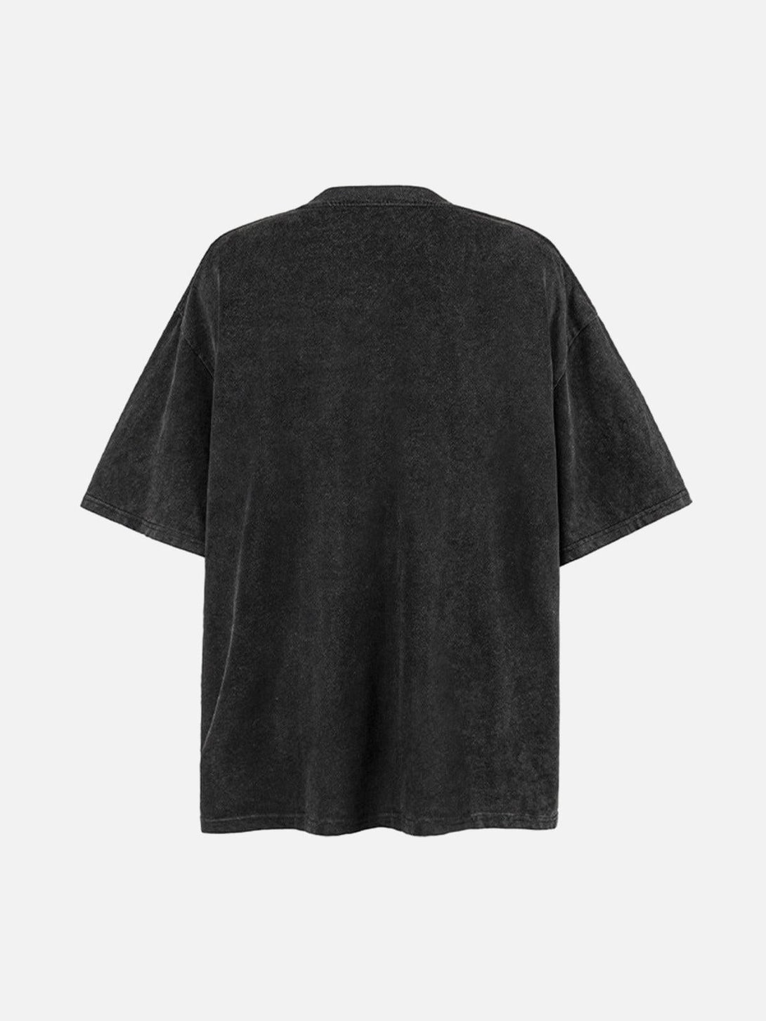 Back view of black vintage graphic T-shirt by TALISHKO, showcasing relaxed fit and style.