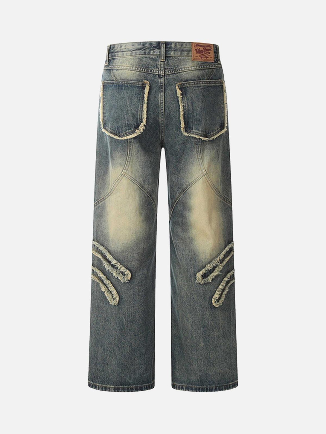 Back view of TALISHKO vintage baggy jeans showcasing frayed pocket edges and distressed accents.