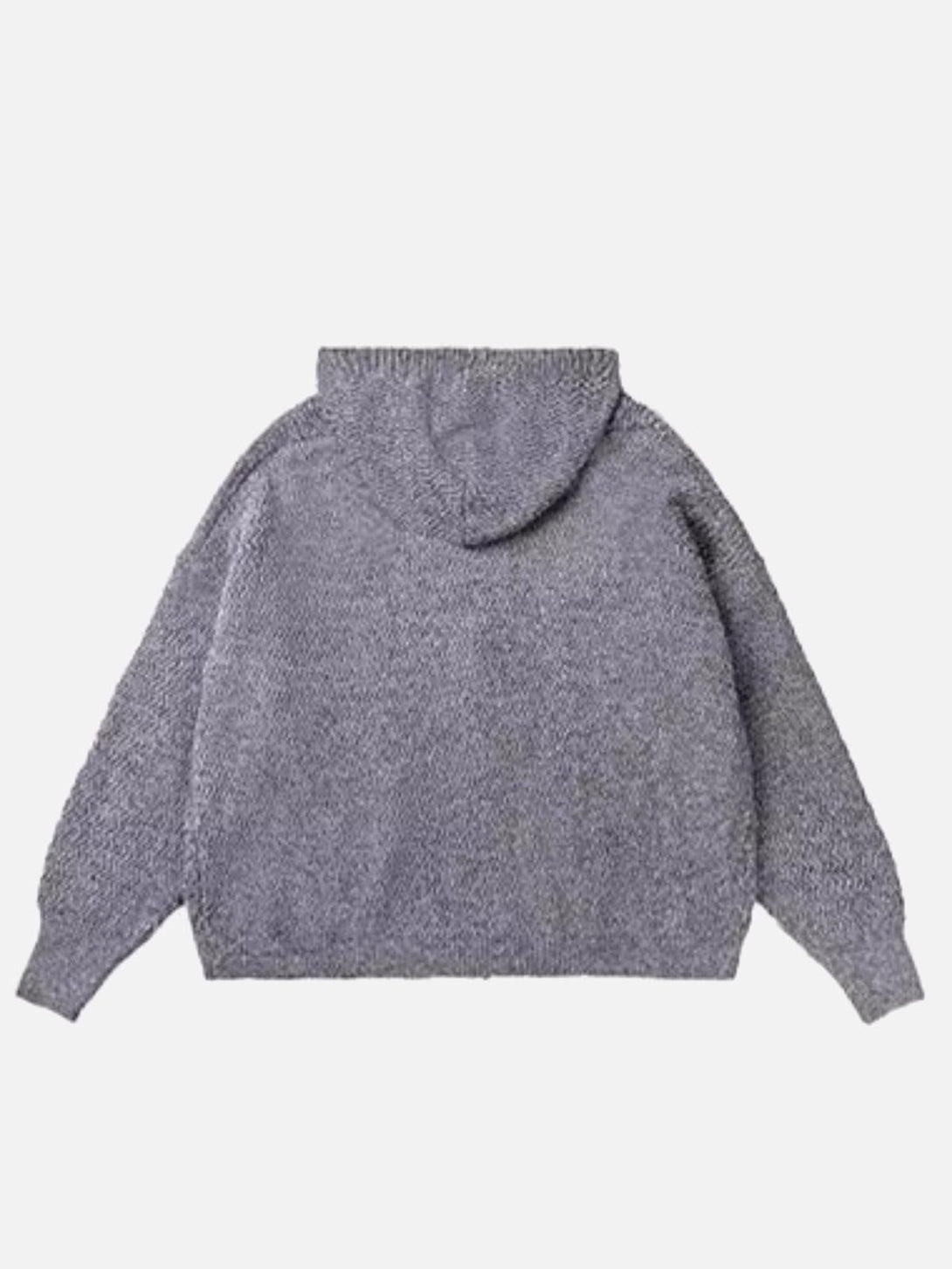Back view of gray vintage braided texture sweater by TALISHKO, showcasing cozy knit design.