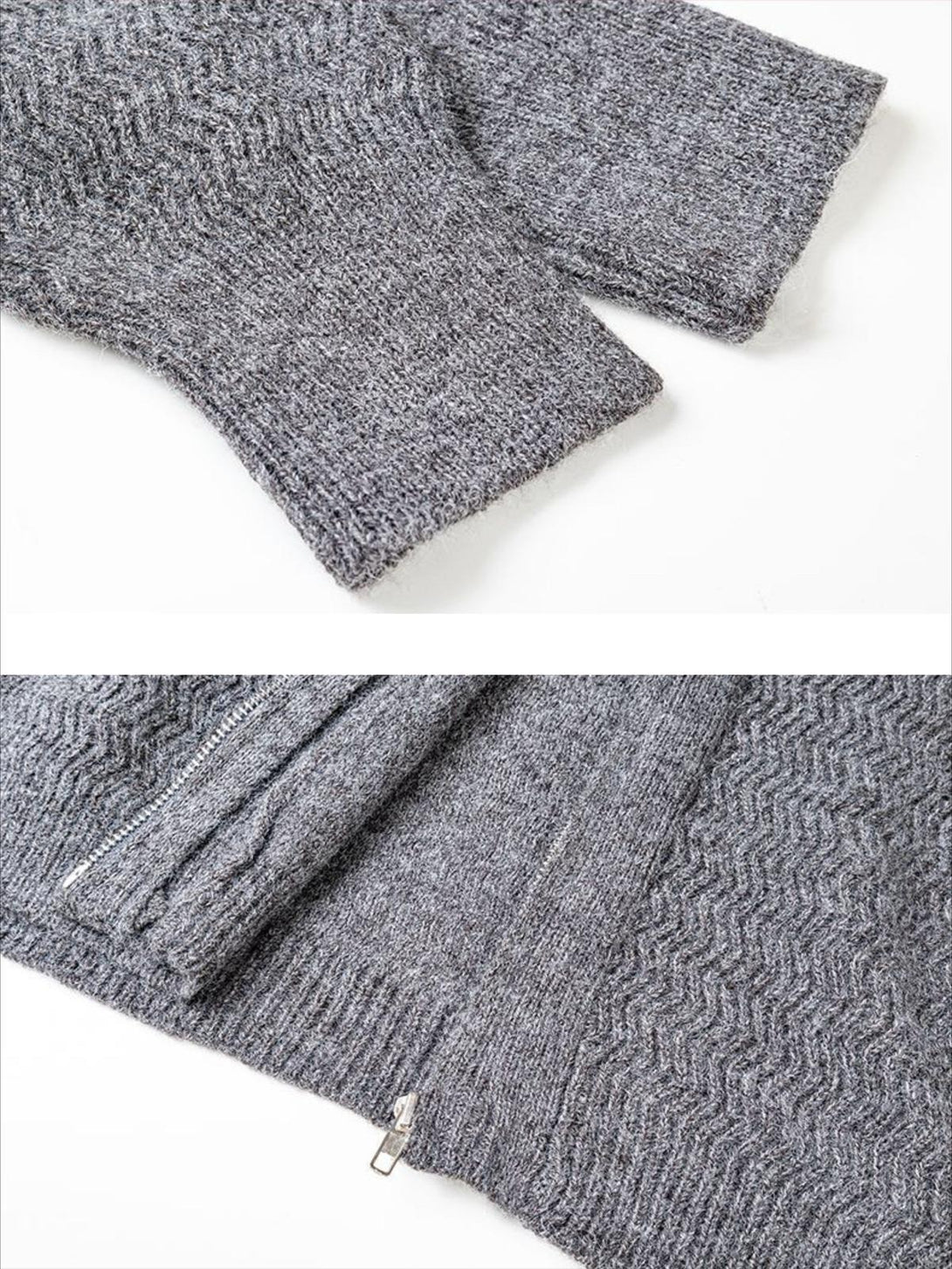 Intricate look at the gray vintage braided texture sweater's sleeve and hem by TALISHKO.