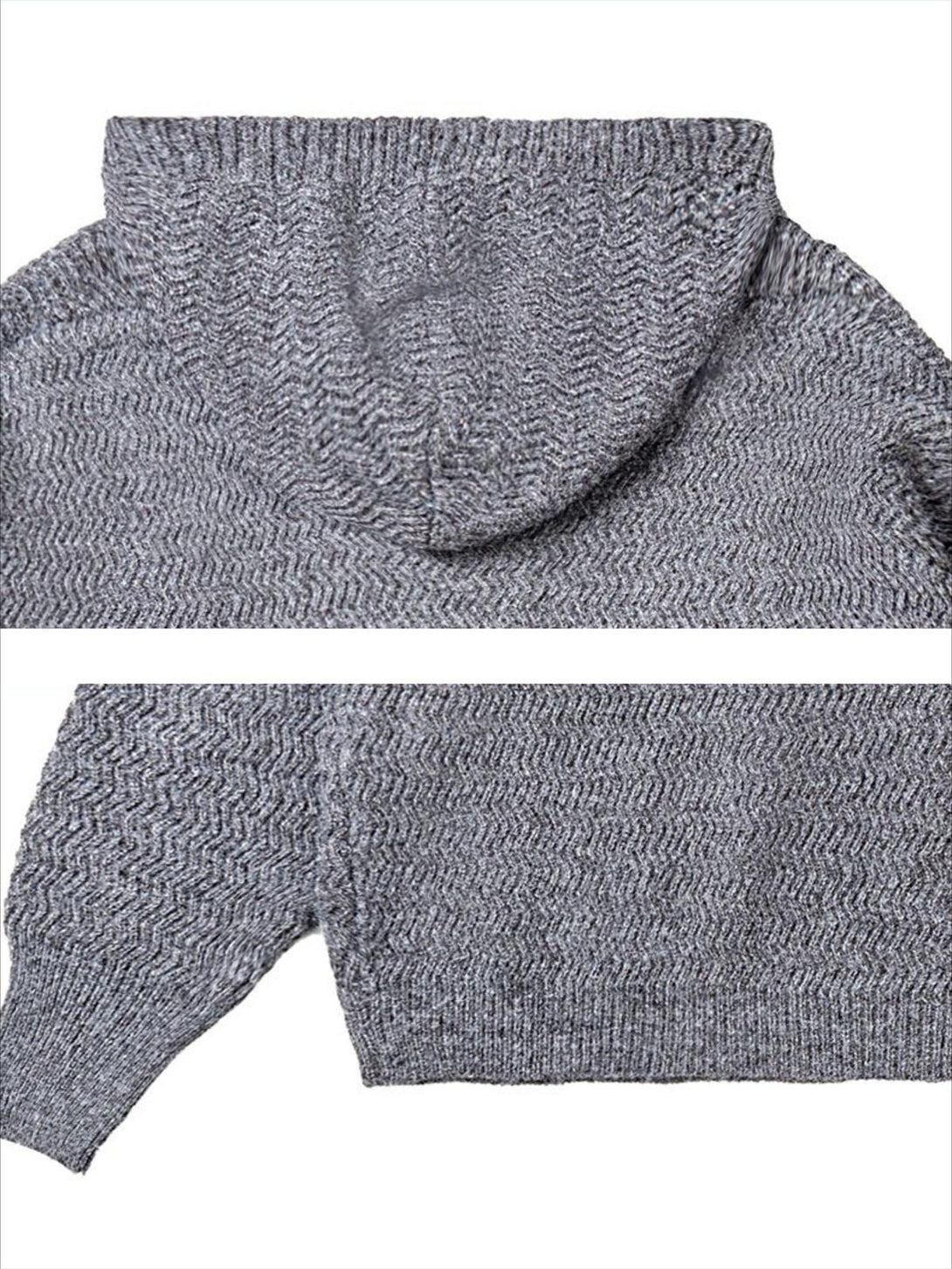Intricate look at the gray vintage braided texture sweater's hood and sleeve by TALISHKO.