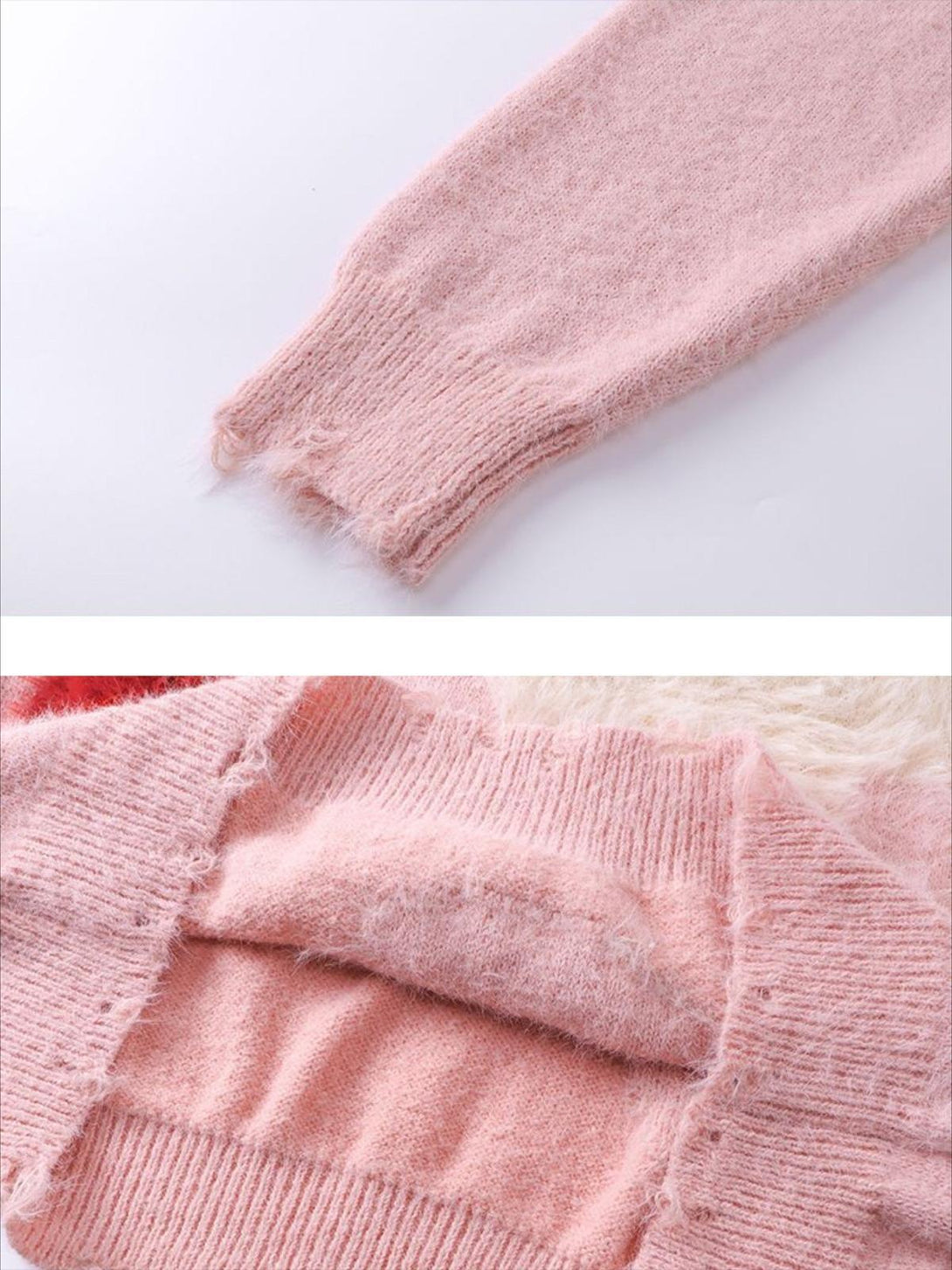 A detailed look at the soft pink knit fabric of the vintage dog sweater by TALISHKO.