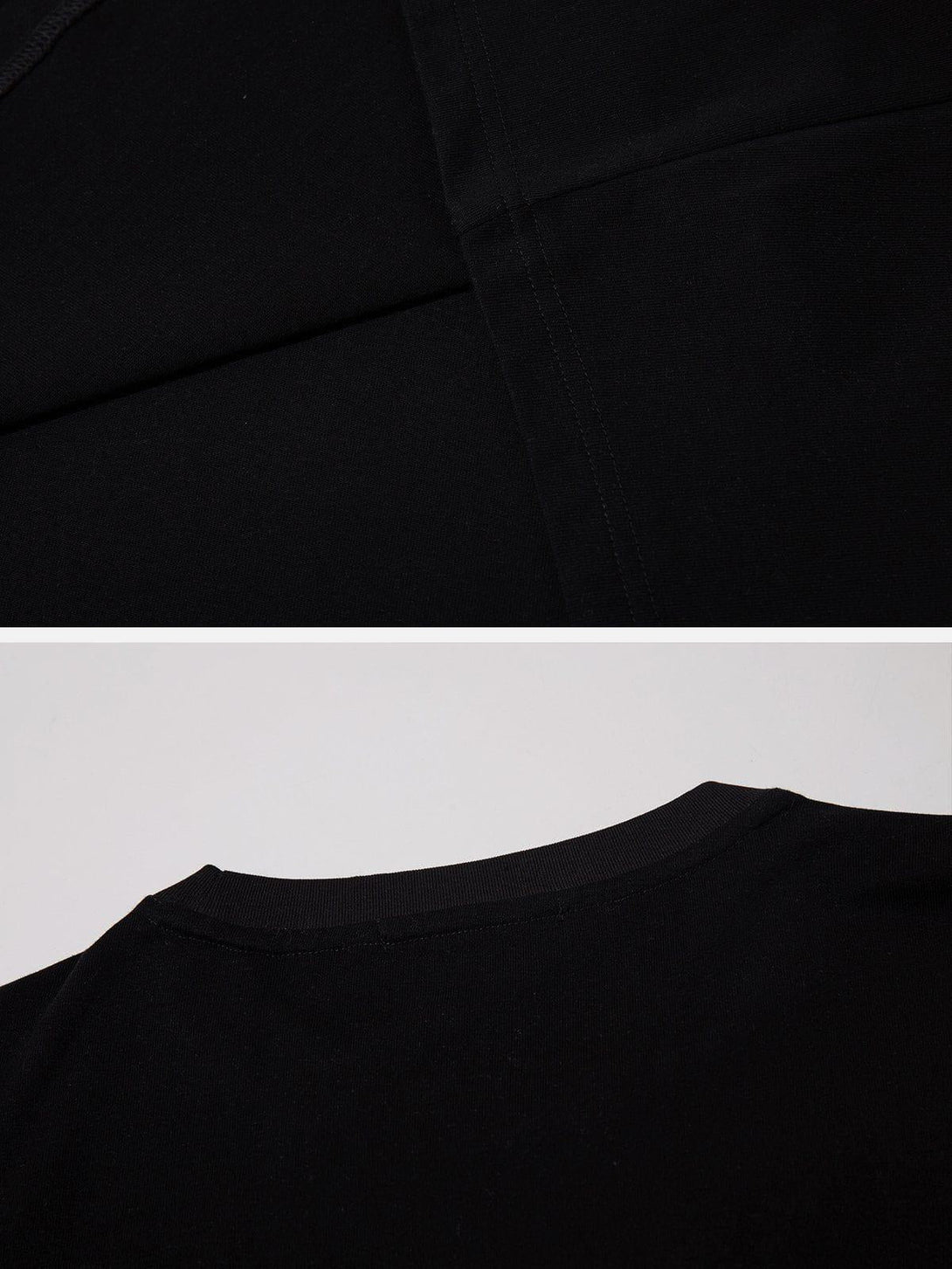 Detailed fabric and stitching of a black tee by TALISHKO, highlighting quality craftsmanship.