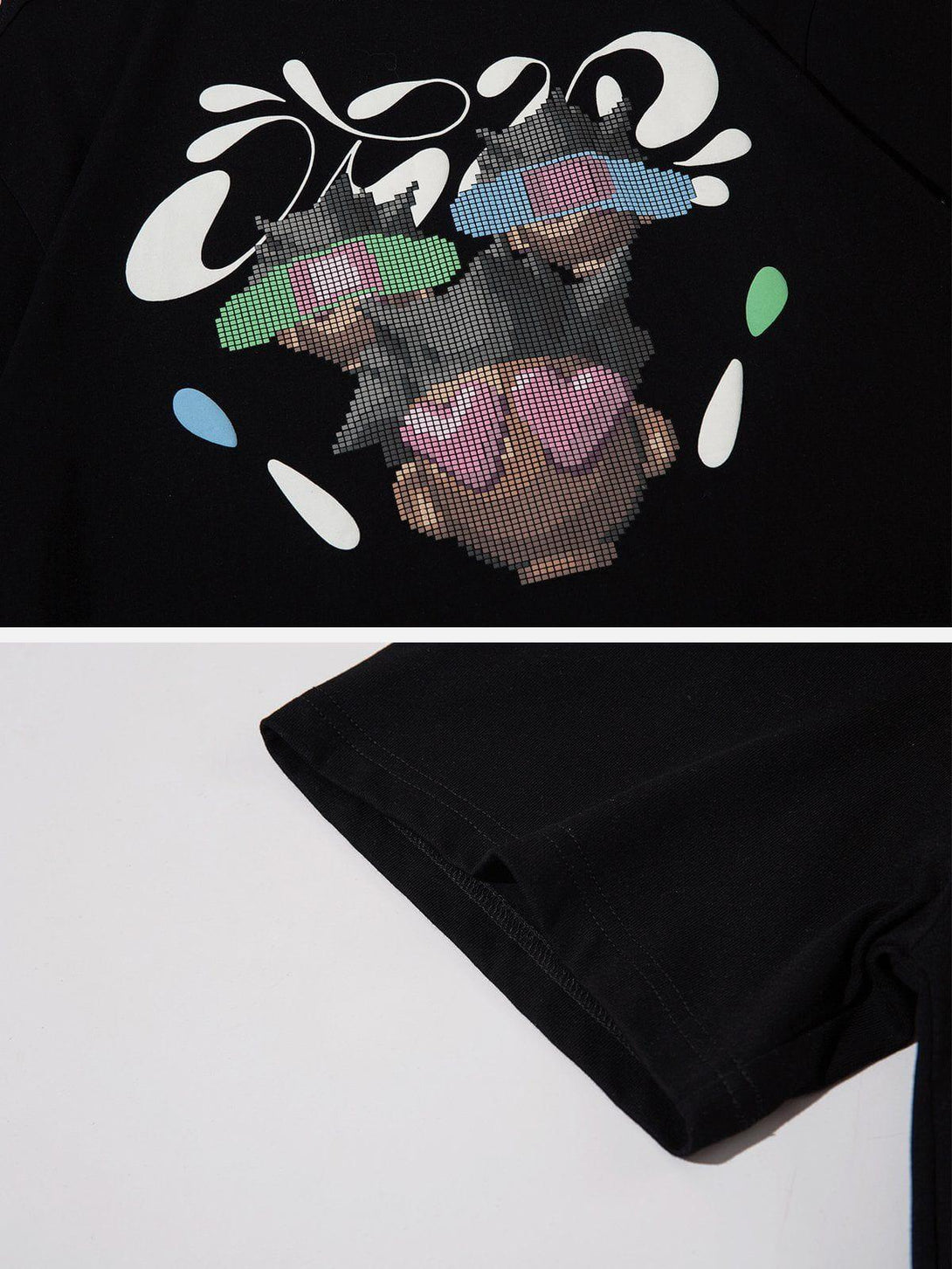 A detailed look at the TALISHKO vintage cartoon print tee, highlighting colorful graphic design.