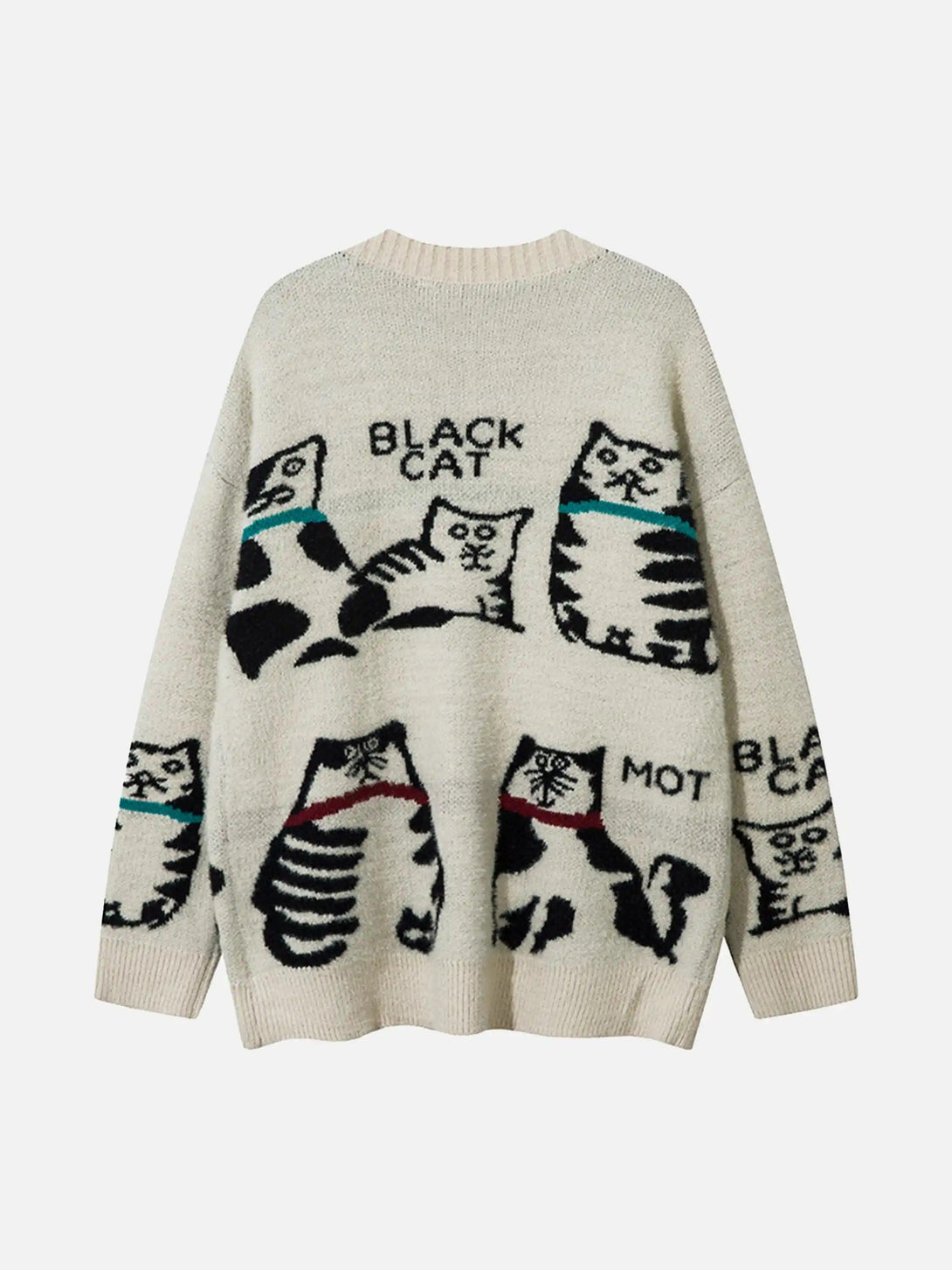 Back view of a cozy knit cardigan with a whimsical cat pattern by TALISHKO.
