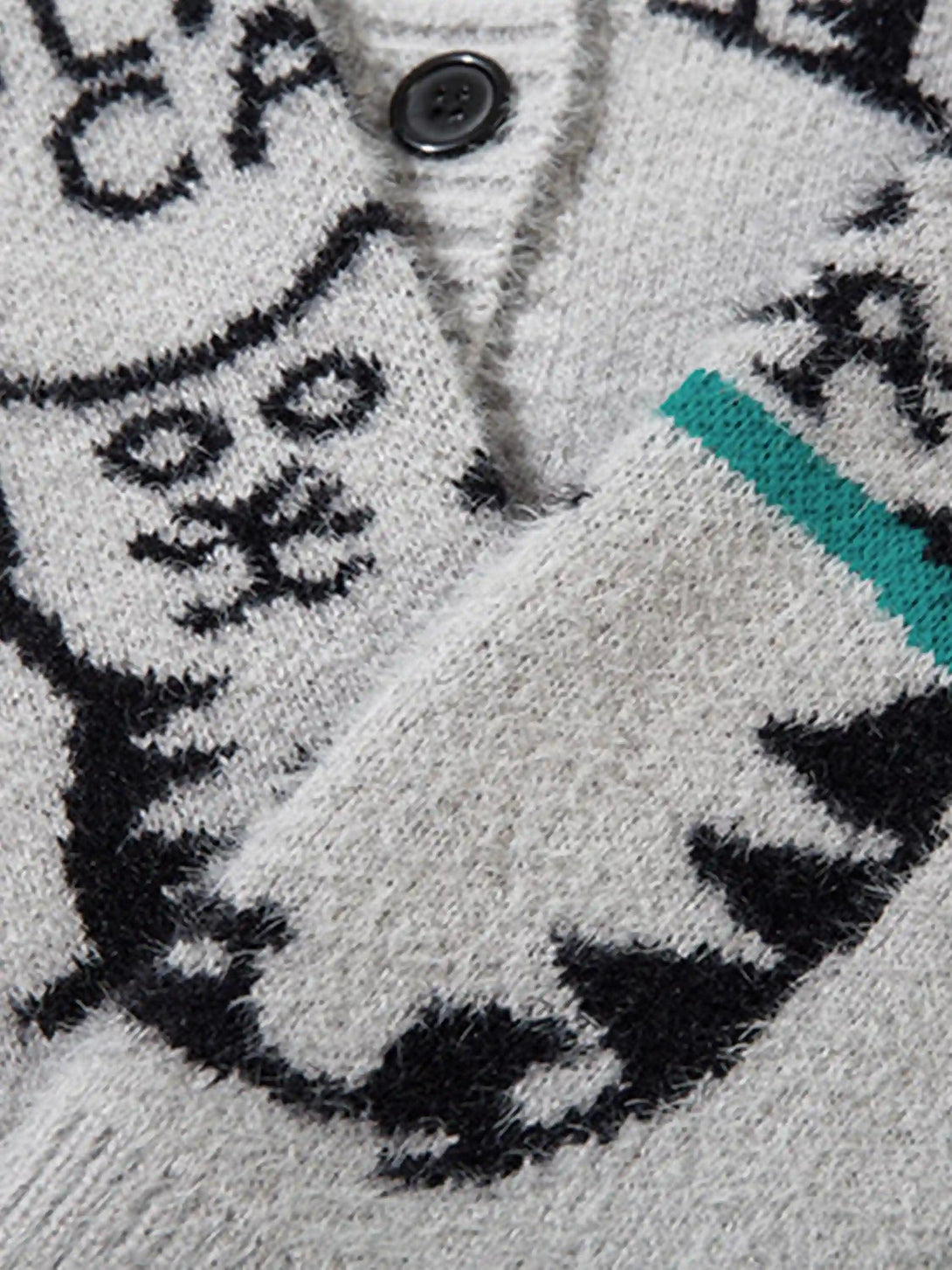 Zoomed-in texture of TALISHKO's vintage cat jacquard knit cardigan, highlighting button detail.