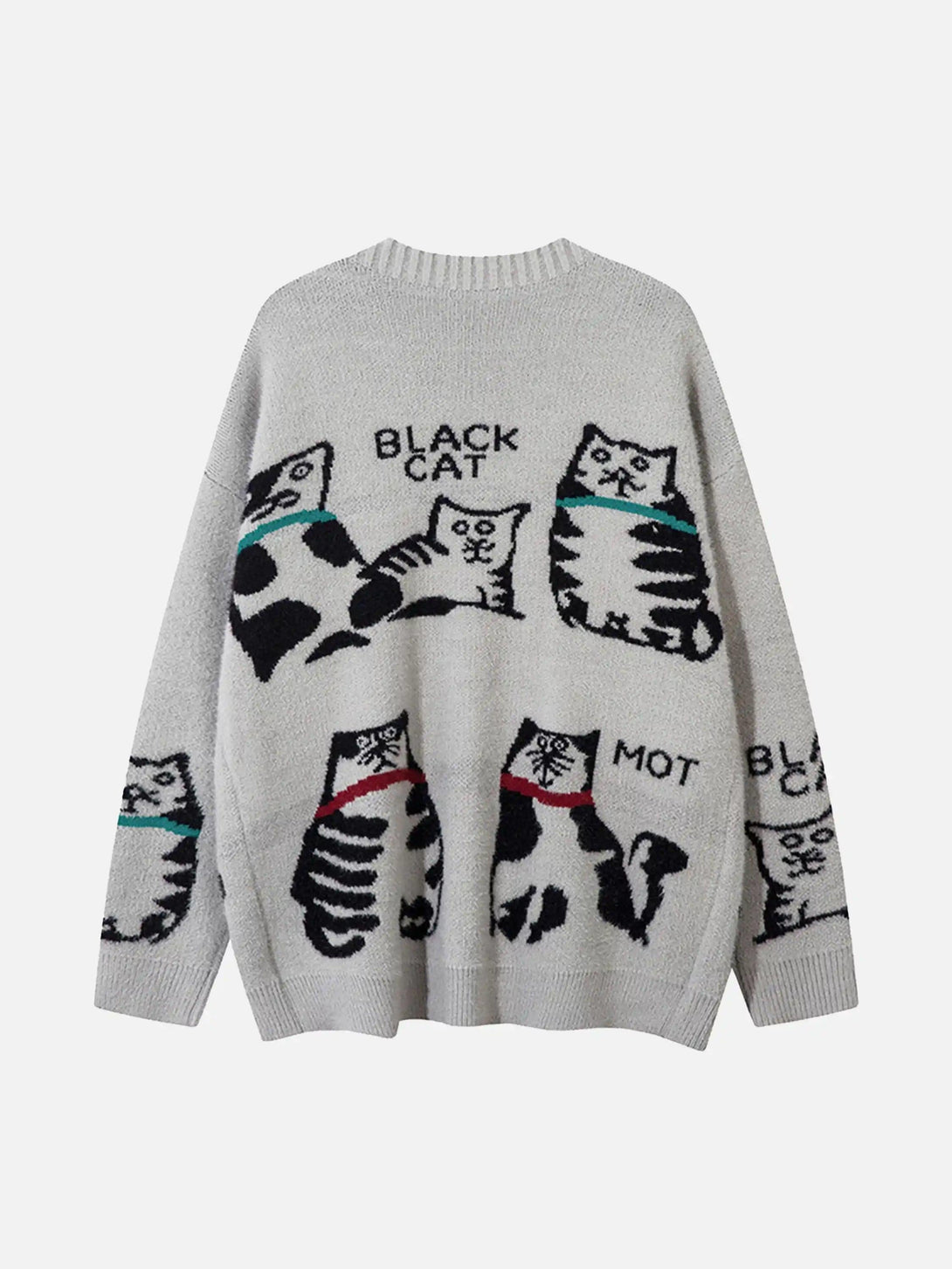 Playful cat pattern on a gray knit cardigan by TALISHKO, showcasing a vintage style.