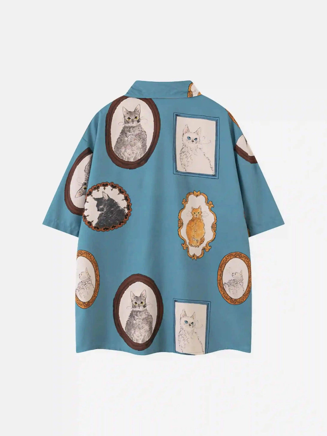 Back view of blue vintage cat print short sleeve shirt by TALISHKO, showcasing playful design.