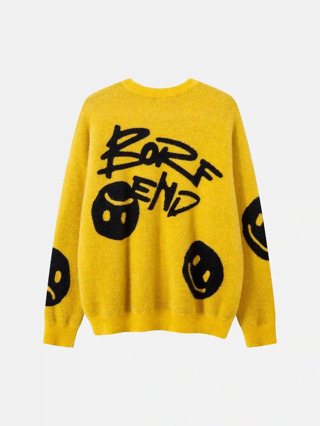 Back view of a yellow TALISHKO sweater with bold black smiley faces and graffiti-style text.