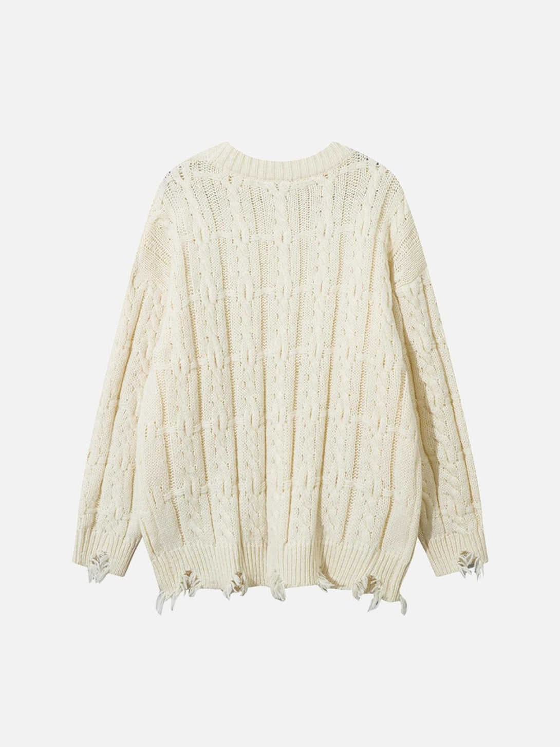 Back view of cream TALISHKO sweater with vintage-inspired curled hem and distressed details.