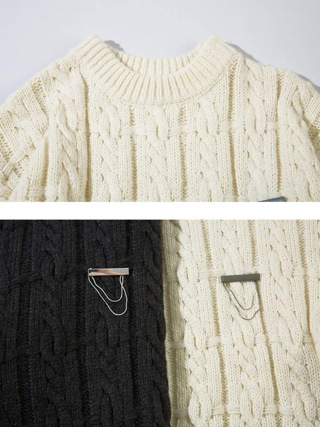 Intricate look at TALISHKO's sweater in cream and black, highlighting cable knit texture and details.